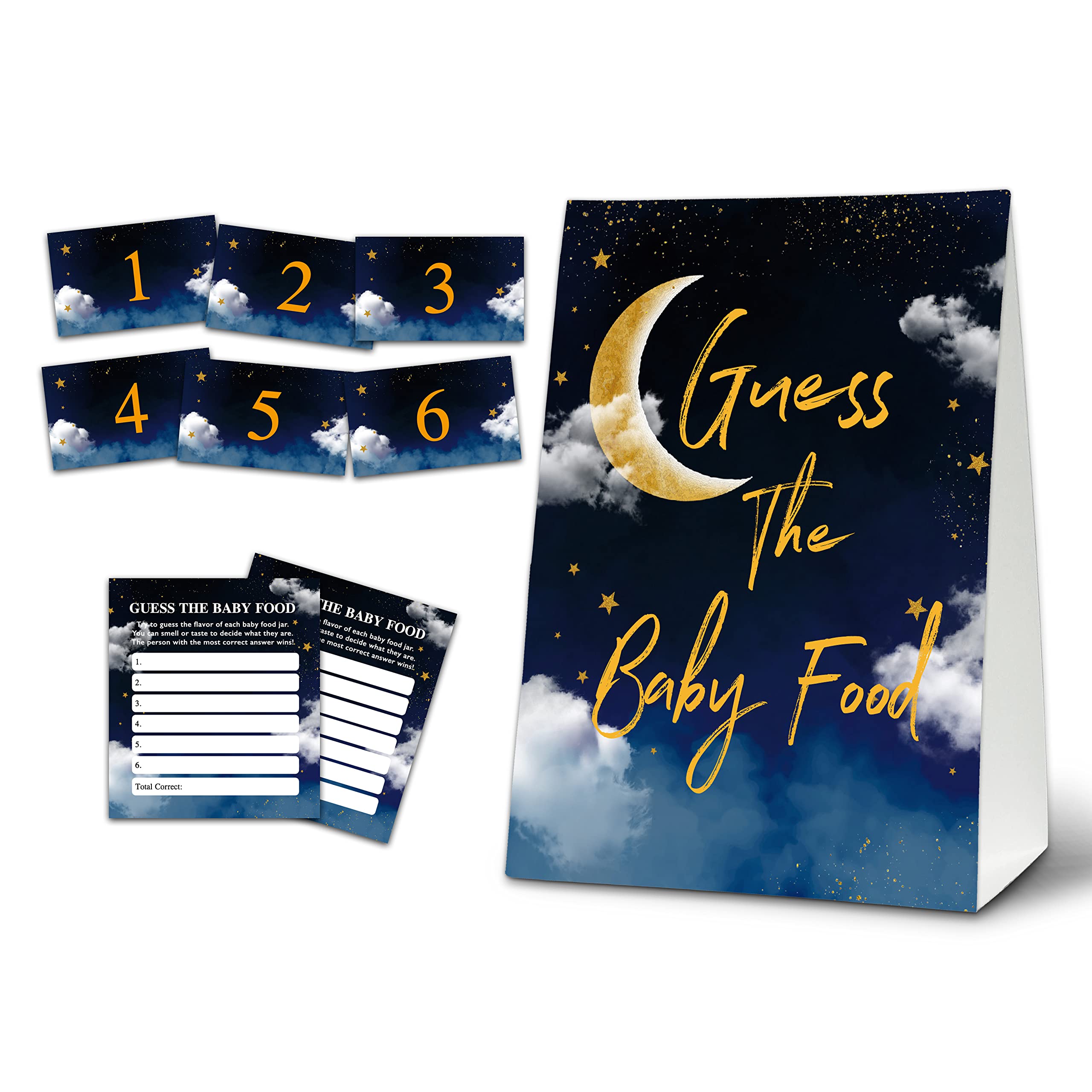 Guess the Baby Food Party Games, Over the Moon Baby Shower Game, Twinkle Little Star Name the Baby Food Game Set (1 Standing Sign + 20 Answer Cards + 6 Number Cards), Baby Shower Party Supplies - A16