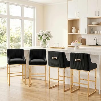24 Velvet Counter Height Bar Stools Set of 4,Gold Bar Stools with Back, Beige Island Chairs with Gold Chrome Plated Metal Leg,Barstools for Kitchen CounterBlack