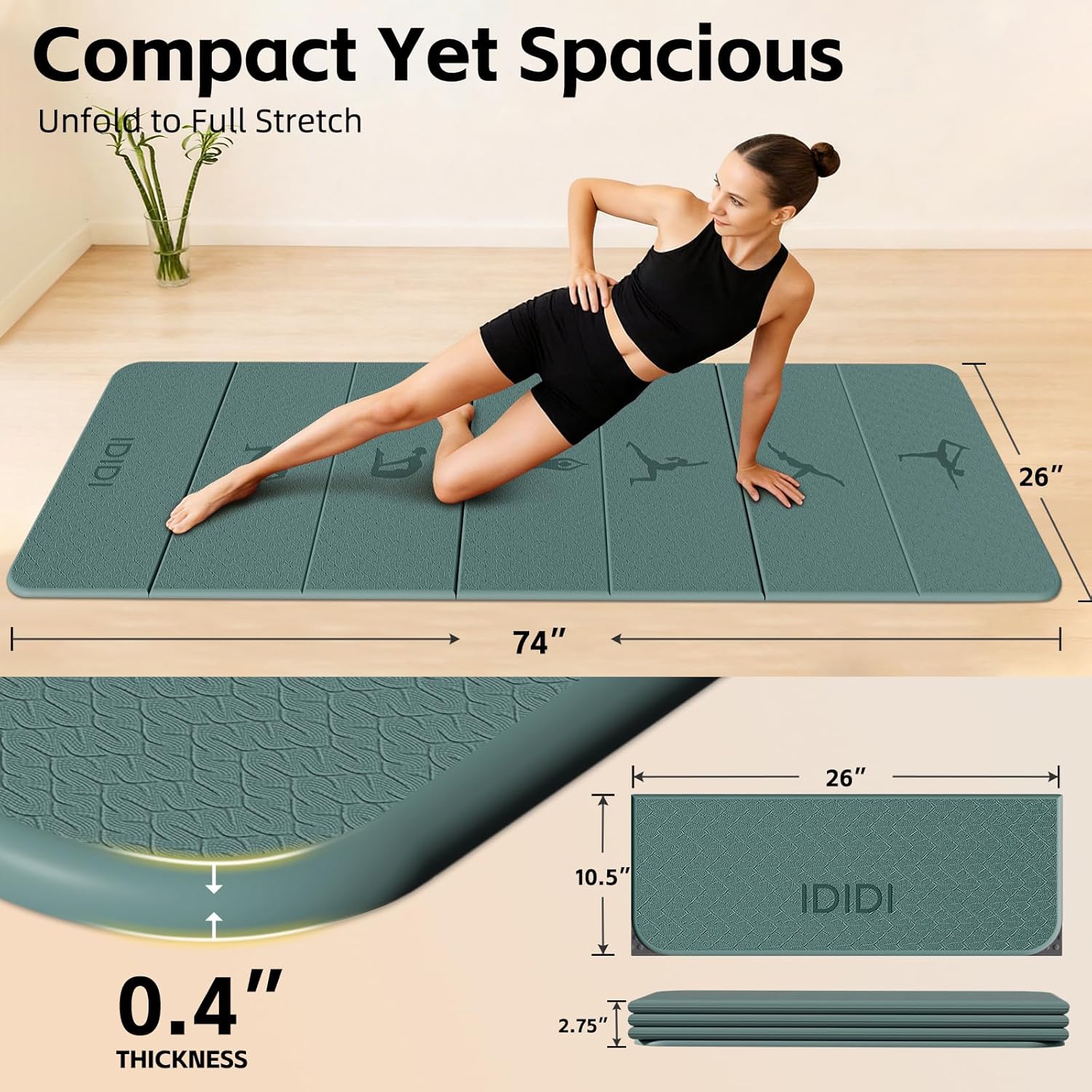 Foldable Yoga Mat 74"x26" with Yoga Pose Guide Pattern | 0.4" (10mm) Thick Non-Slip TPE Exercise Mat | Portable 7-Fold Design for Home Gym, Travel, Pilates & Full-Body Workouts