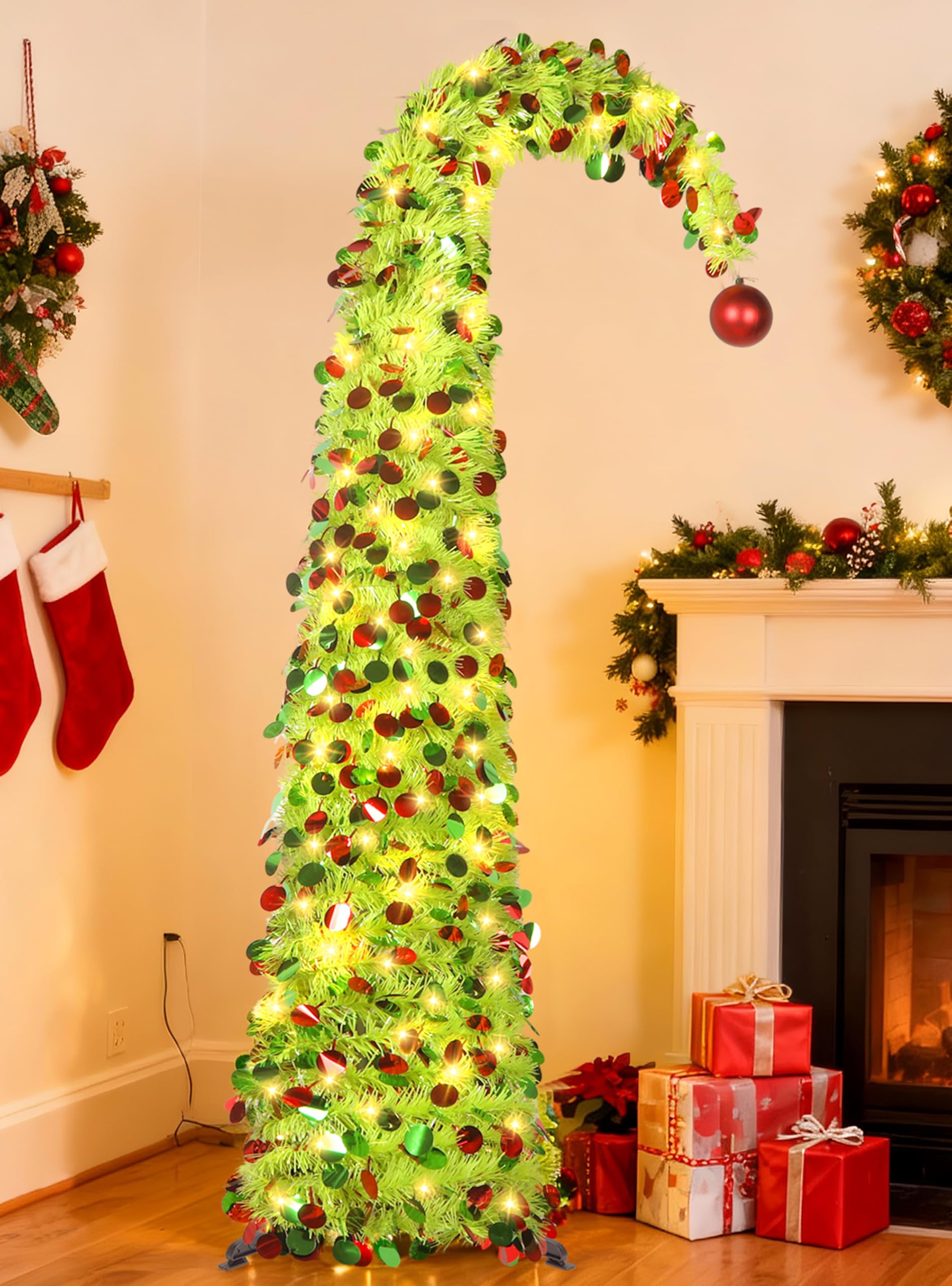 HMASYO 5FT/1.5M Whimsical Pop Up Christmas Tree with Timer Lights, Lime Green Christmas Tinsel Tree Collapsible Artificial Curved Pencil Tree for Indoor Home Apartment Porch Holiday Party Decorations