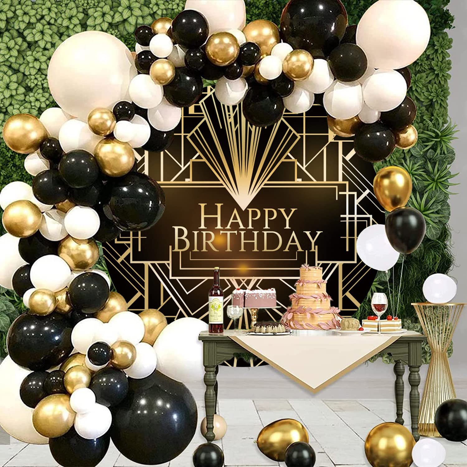 Renaiss Toile de fond ronde « Happy Birthday » - 2 x 2 m - Vintage - Doré, noir et doré - Pour photographie sur le thème des années 20 - 20