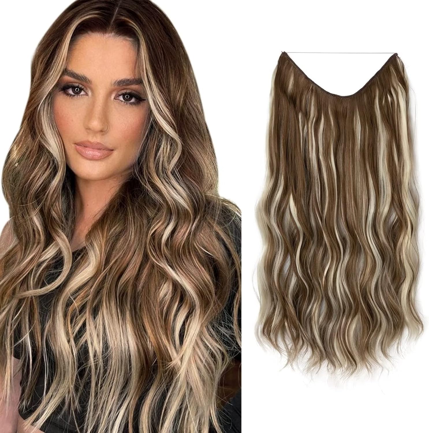 OUBFUUY One Piece Clip in Hair Extensions Dark Brown Hair Extensions Long Wavy Clip Extension