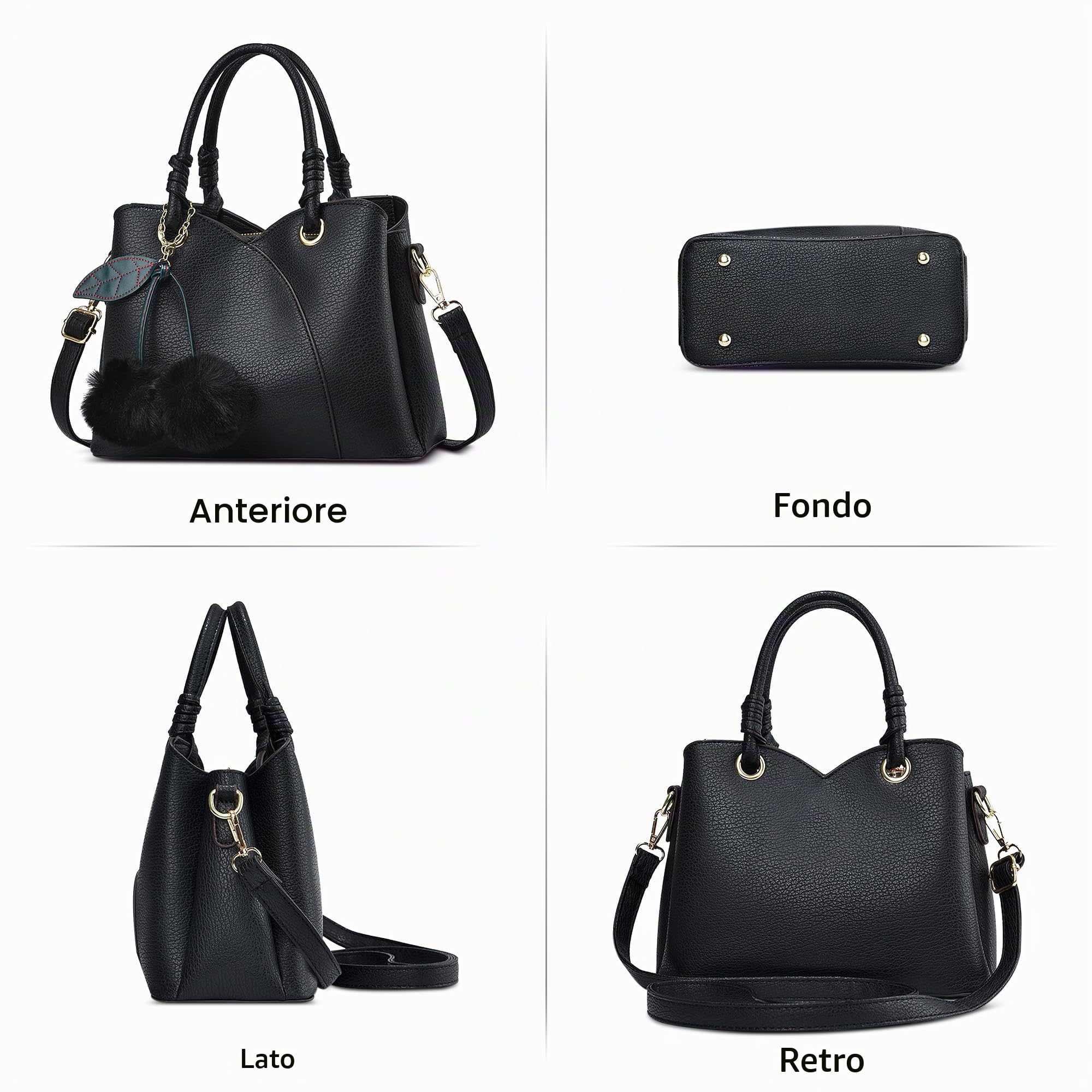 Donna Elegante Borsa a Mano con Pompon Pelle PU Borsa a Tracolla Tasche Multiple Signora per Shopping Viaggio e Lavoro Nero