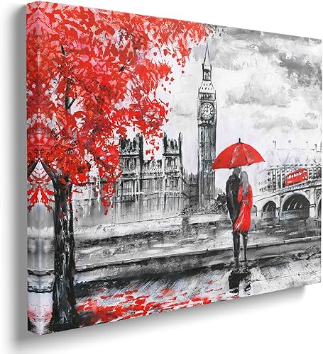 Lienzo decorativo de pared blanco y negro con diseño de ciudad, tapices de pared de autobús rojo, impresión de pared de paraguas rojo, árboles