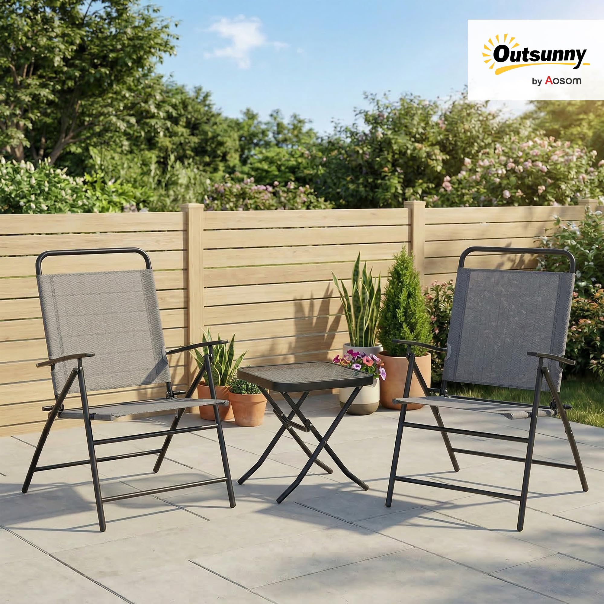 Outsunny Set da Giardino 3 Pezzi con Sedie Pieghevoli e Tavolo in Acciaio e Vetro Grigio
