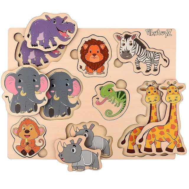 PikatoyZ® Juguetes Montessori para Bebés de 1 Año, 2 y 3 Años. Puzzle de Madera Juegos Educativos con Rompecabezas de Animales de la Selva.