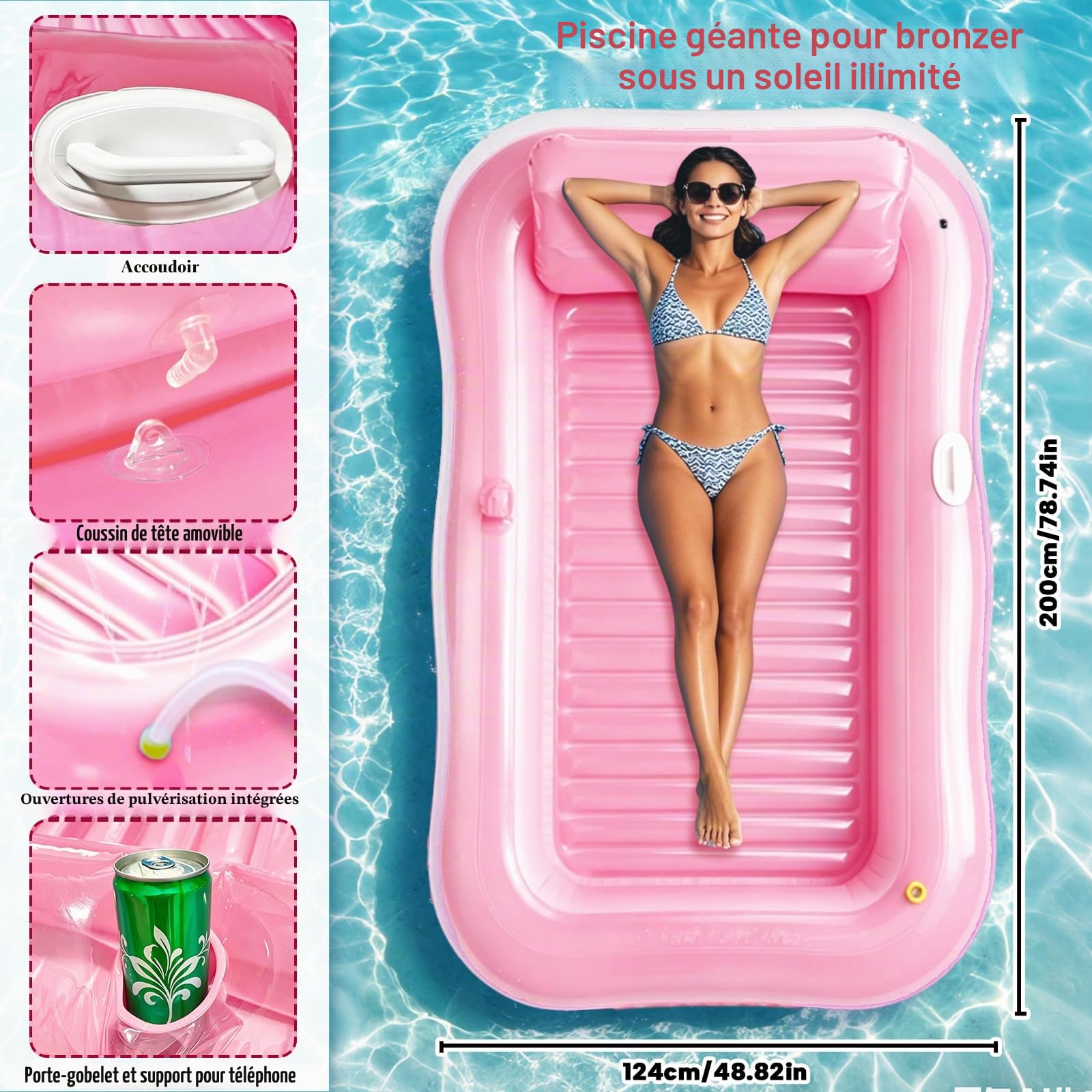 Matelas Gonflable Piscine, Gonflable Tanning Pool Flotteur de Piscine, Piscine Gonflable Hamac, Gonflable Piscine Bouée Piscine Adulte 200 × 124 cm pour Fêtes de Plage et Piscine