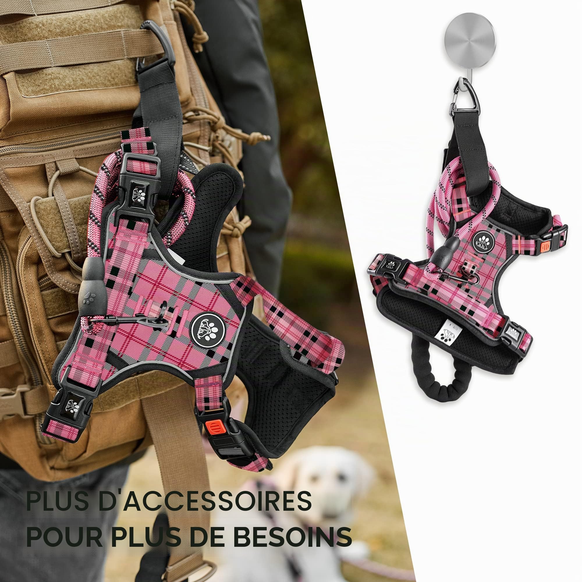 NESTROAD Colliers, Harnais Veste et Laisses Anti Traction pour Chiens Moyen, Couleur Rose Plaid Taille M Arnet pour Chien Le Cou 33~43CM Poitrine 43~64CM, Harnais Chien Voiture, Accessoire Chien