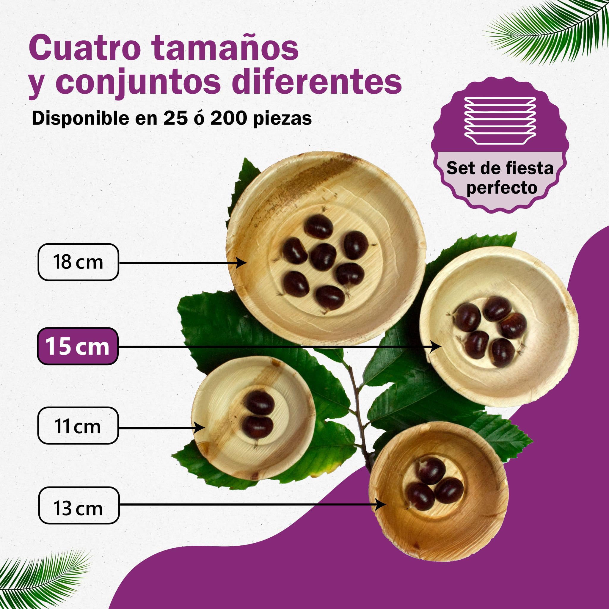 Vajilla Desechable de Hoja de Palma Orgánicos - 25 pz. Cunecos Ø 15 cm/ 500 ml y 25 Platos Cuadrados 25x25 cm