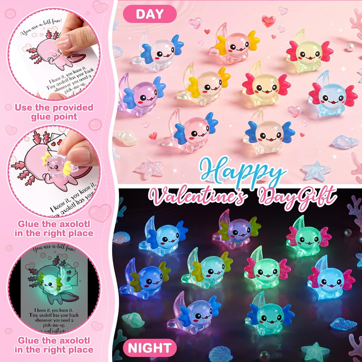 CroBlissful 24 Sets Valentine Axolotl Gifts Bulk, Luminous Mini Resin Axolotl Figurines Glow in The Dark Resin Animals with Cute Cards for Exchange Gift Reward Prize and Valentine Party Favors
