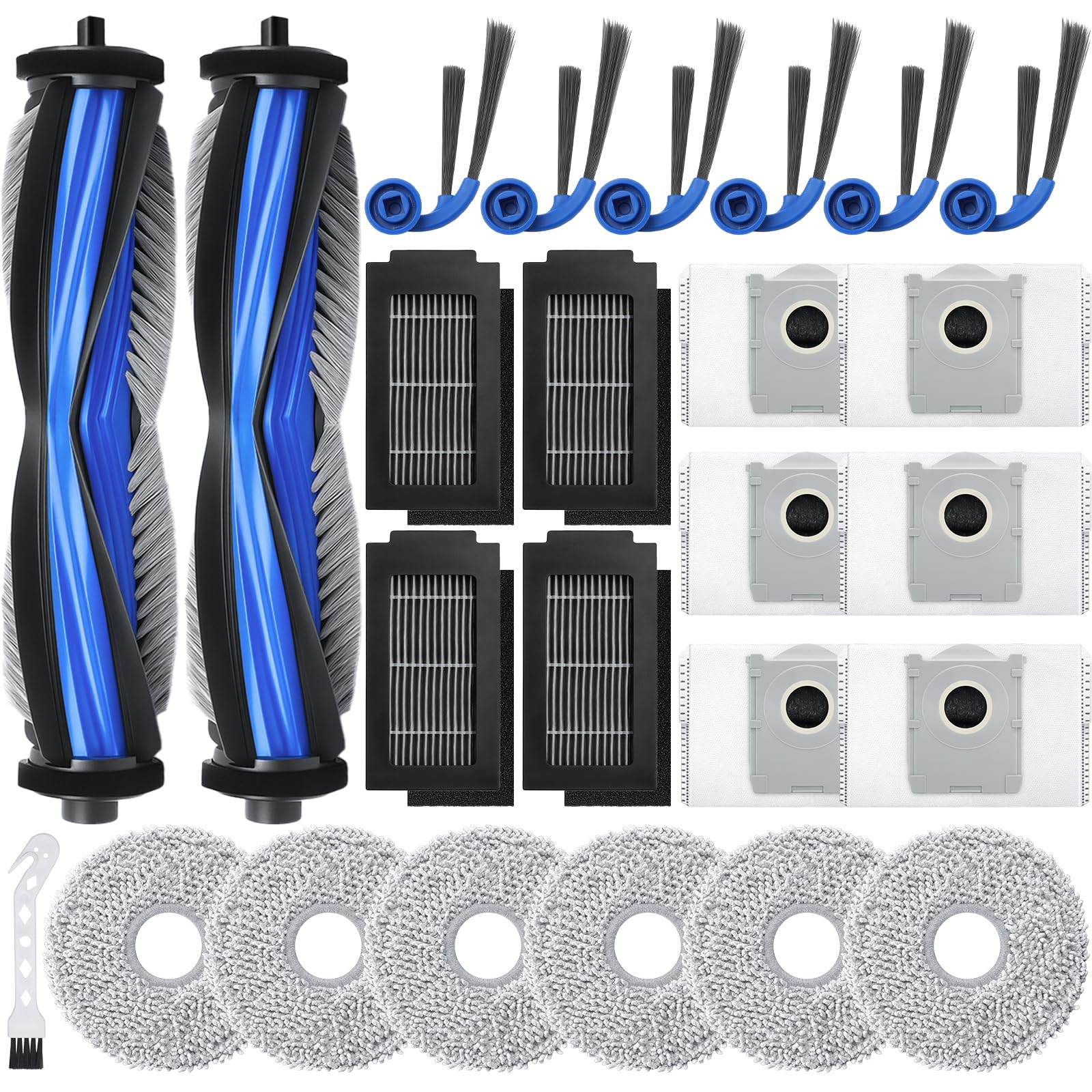 25 Stück Zubehörset für Ecovacs Deebot T30C Omni/T30C Omni Gen2/T50 Pro Omni Gen3/T30e Omni, 2 Hauptbürsten, 6 Wischtücher, 6 Staubbeutel, 4 Filter, 6 Seitenbürsten, 1 Reinigungsbürste