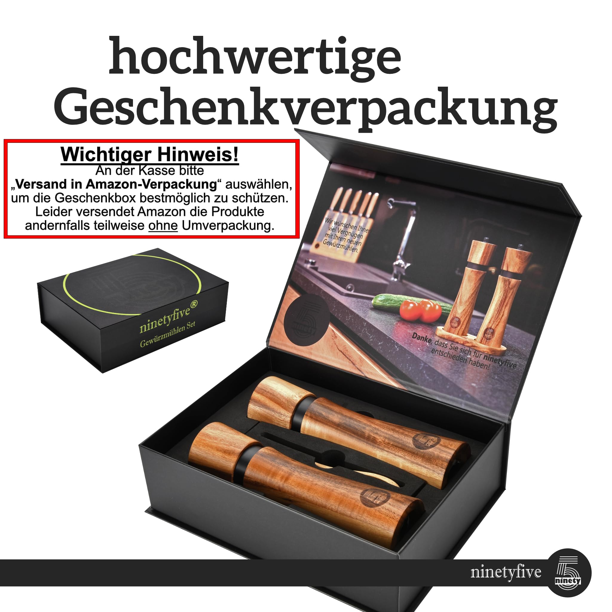 ninetyfive® edles Pfeffermühlen Set aus Holz | Salz und Pfeffermühle + Untersetzer und Einfülllöffel aus Akazienholz | Gewürzmühlen mit Keramikmahlwerk (21cm) | hochwertige Geschenk- Verpackung