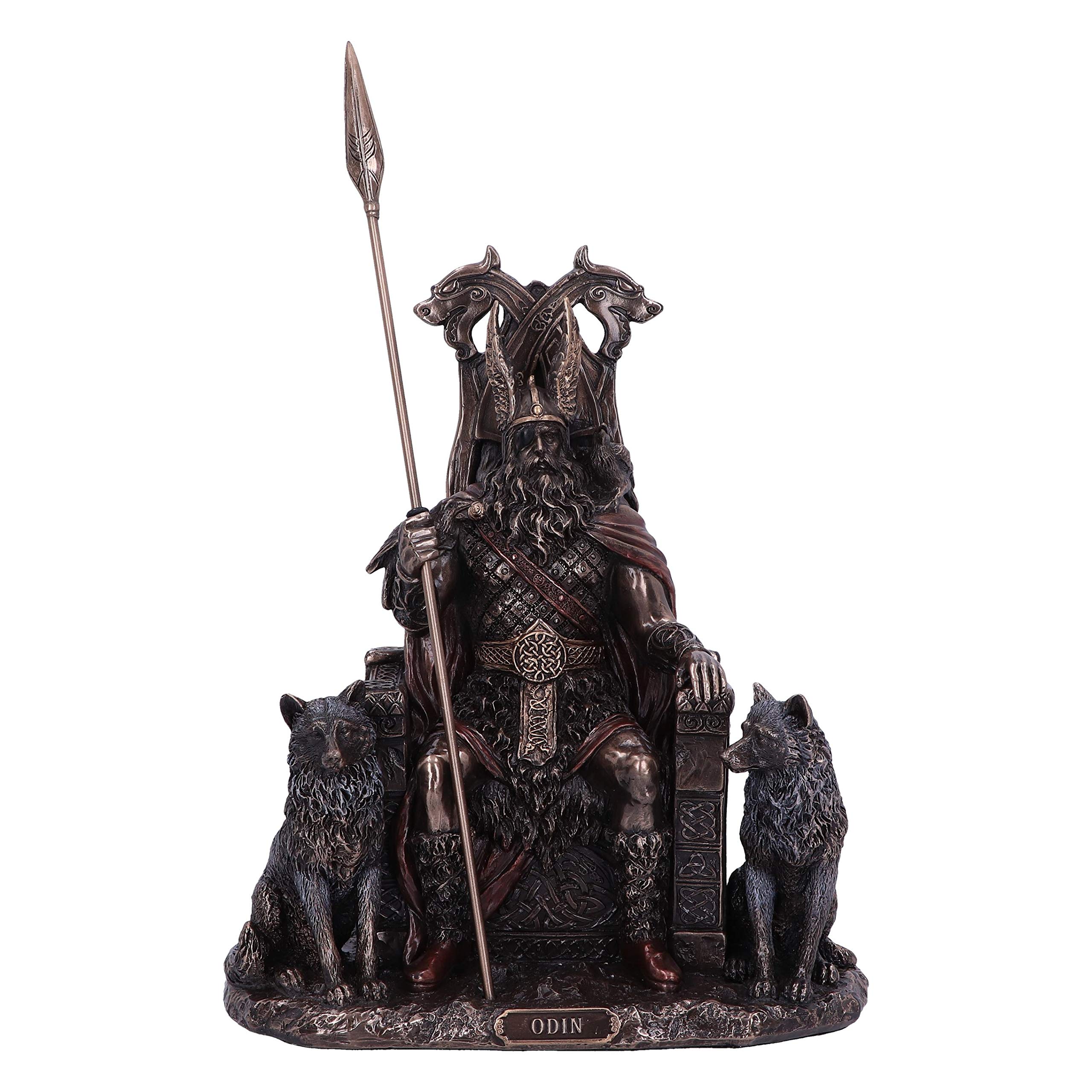 Nemesis Now Bronze Odin All Father Wolves and Throne-Figura Decorativa, diseño de Lobos, Bronce, marrón, 22 cm