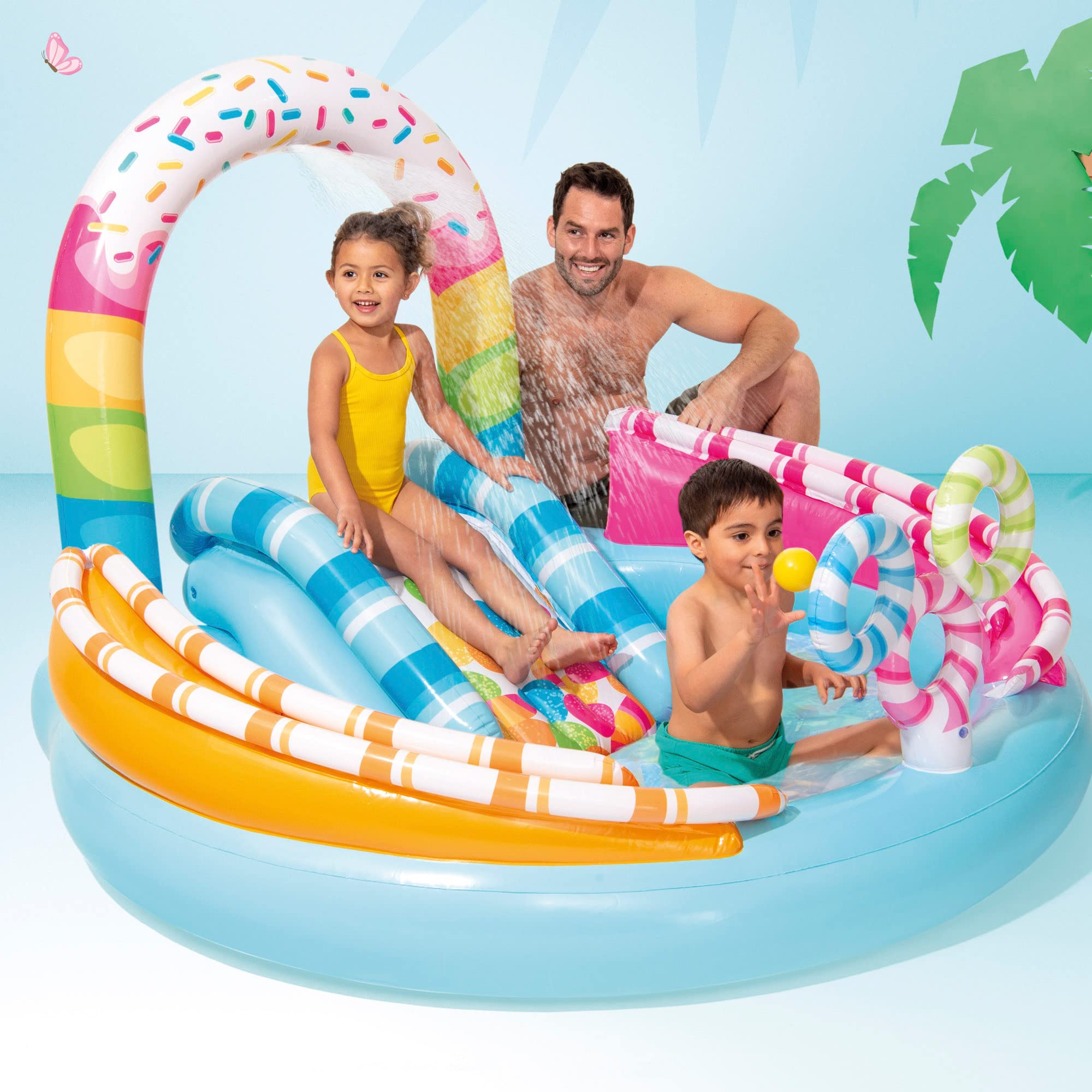 Intex 57144 Piscina Hinchable Infantil, Juegos Golosina con Tobogán, para Mayores de 2 Años, Capacidad de 165 litros, Base Acolchada, Medidas 170x168x122 cm, Incluye Parche de Reparación