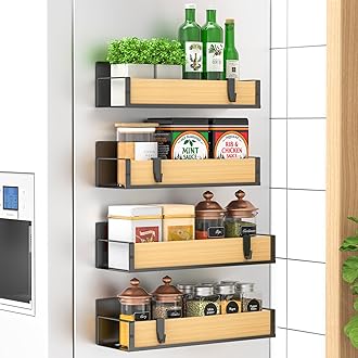 4 Pack Magnetic Spice Storage Rack Organizer for Refrigerator and Oven, Wood Fridge Organizers and Storage