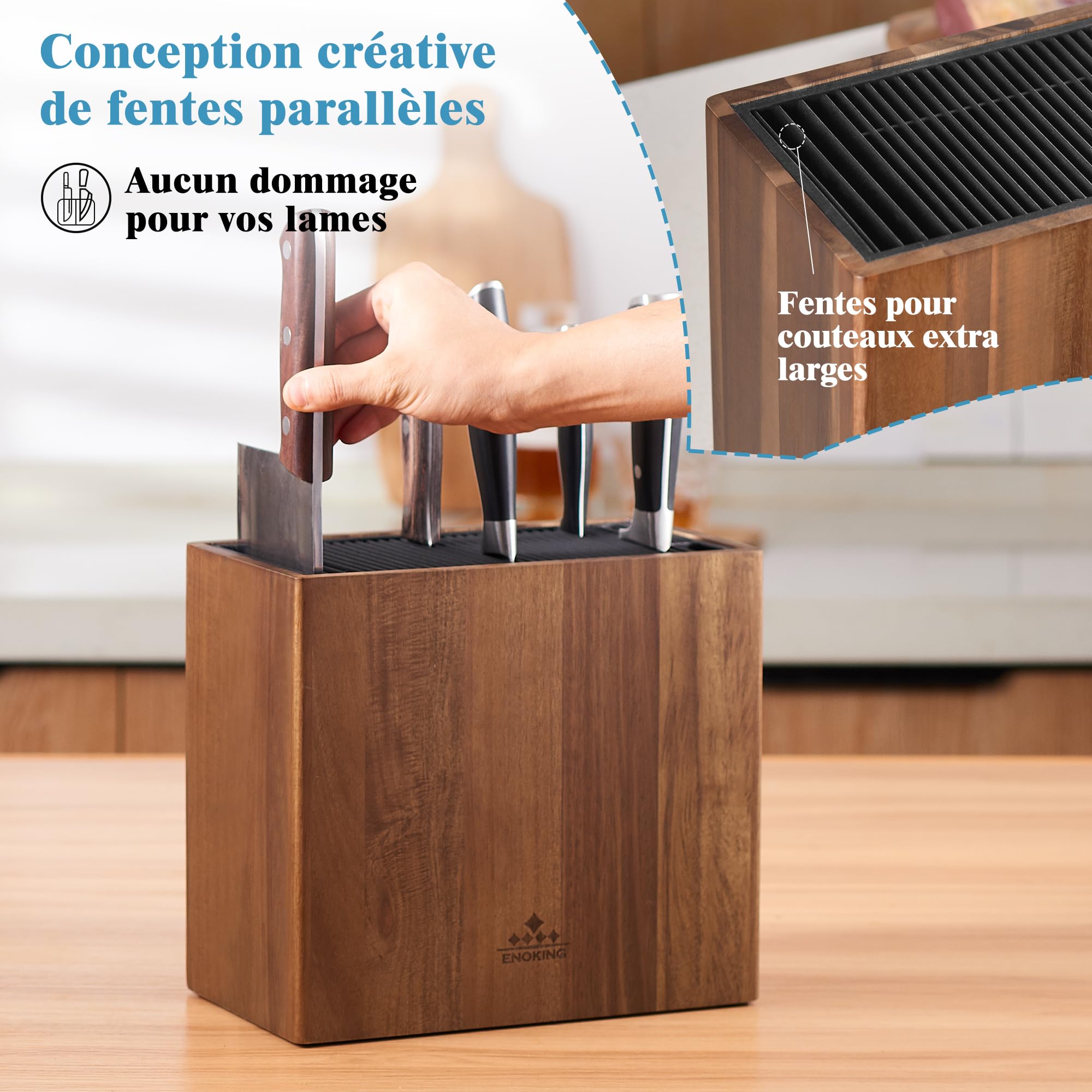 ENOKING Porte Couteaux en Bois D'acacia, Range Couteaux de Cuisine Universel Avec Couvercle en Plastique, Bloc Couteaux Cuisine Vide de Haute Qualité Pour Couteaux Et Ciseaux À Volaille/aiguiseur