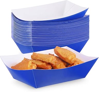 50 Pcs 2lb Paper Food Trays Boat Disposable Nacho Trays Paper Boat for Nachos, Hotdogs, Tacos, Fries blue