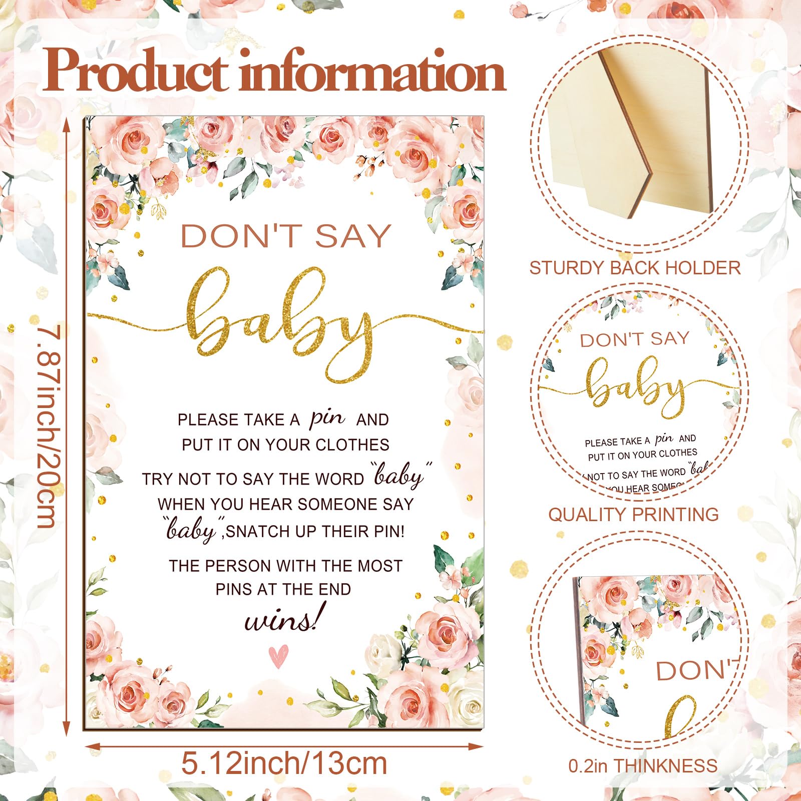 Patelai 321 piezas de suministros florales para juegos de baby shower, 5 juegos (50 tarjetas cada uno) tarjetas de actividades con 20 lápices, 1 letrero de "Don't Say Baby Shower" y 50 pinzas de
