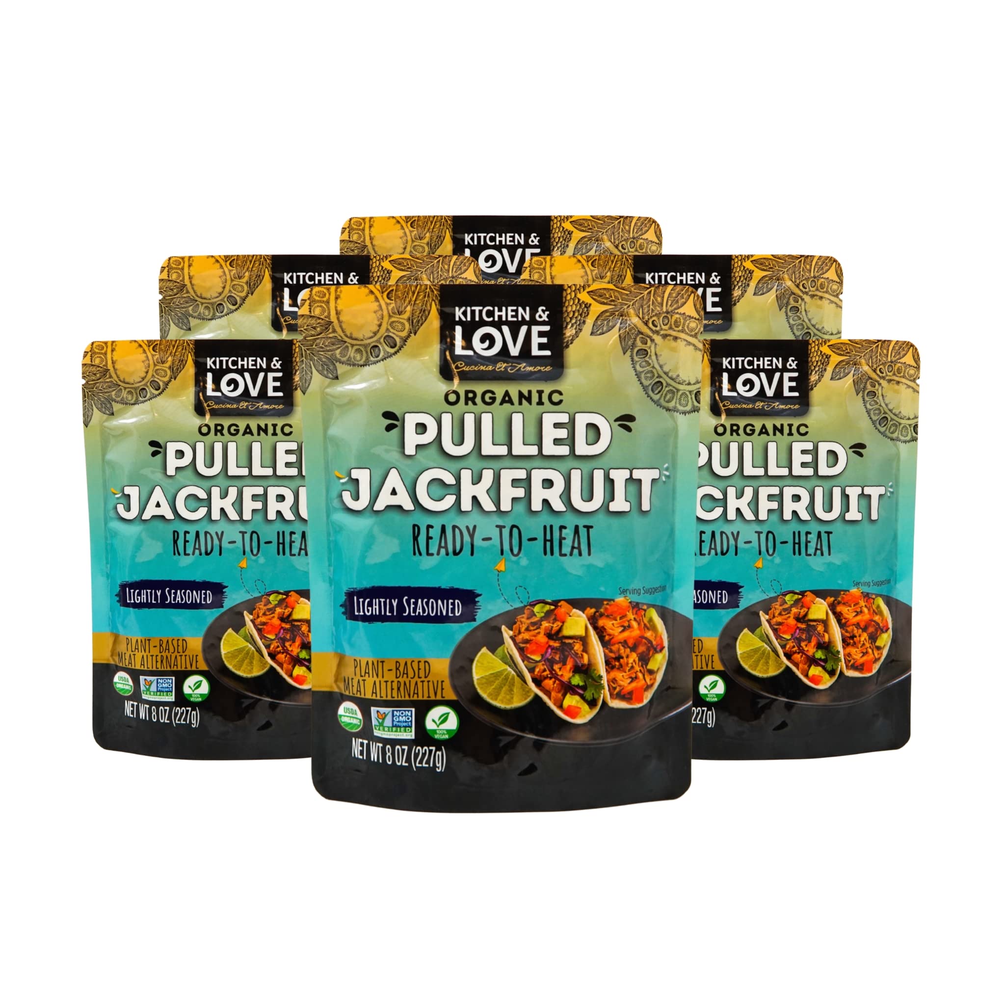 Kitchen & Love Jackfruit Lightly Seasoned, Organic, Fully Cooked, Versatile Plant Based Meat Alternative, Gluten Free, 90 seconds, High in Fiber, Non GMO Verified, Kosher, Vegan, 8 Oz (Pack of 6)