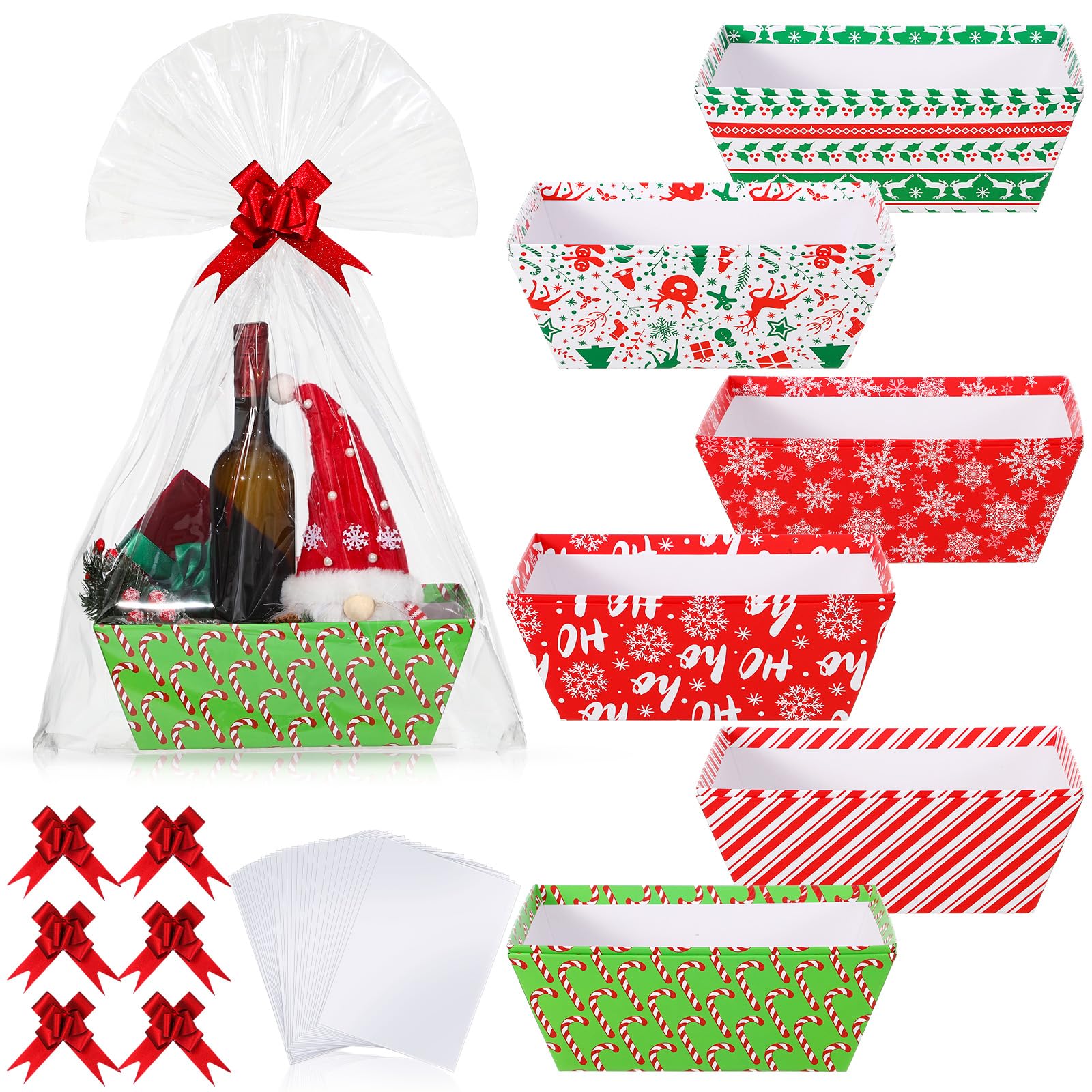Cholemy Confezione da 12 cesti regalo natalizi vuoti da 30 x 25 x 10 cm, include 12 cesti regalo in cartone con manici, 12 sacchetti avvolgenti, 12 fiocchi da tirare per Natale, matrimoni, anniversari