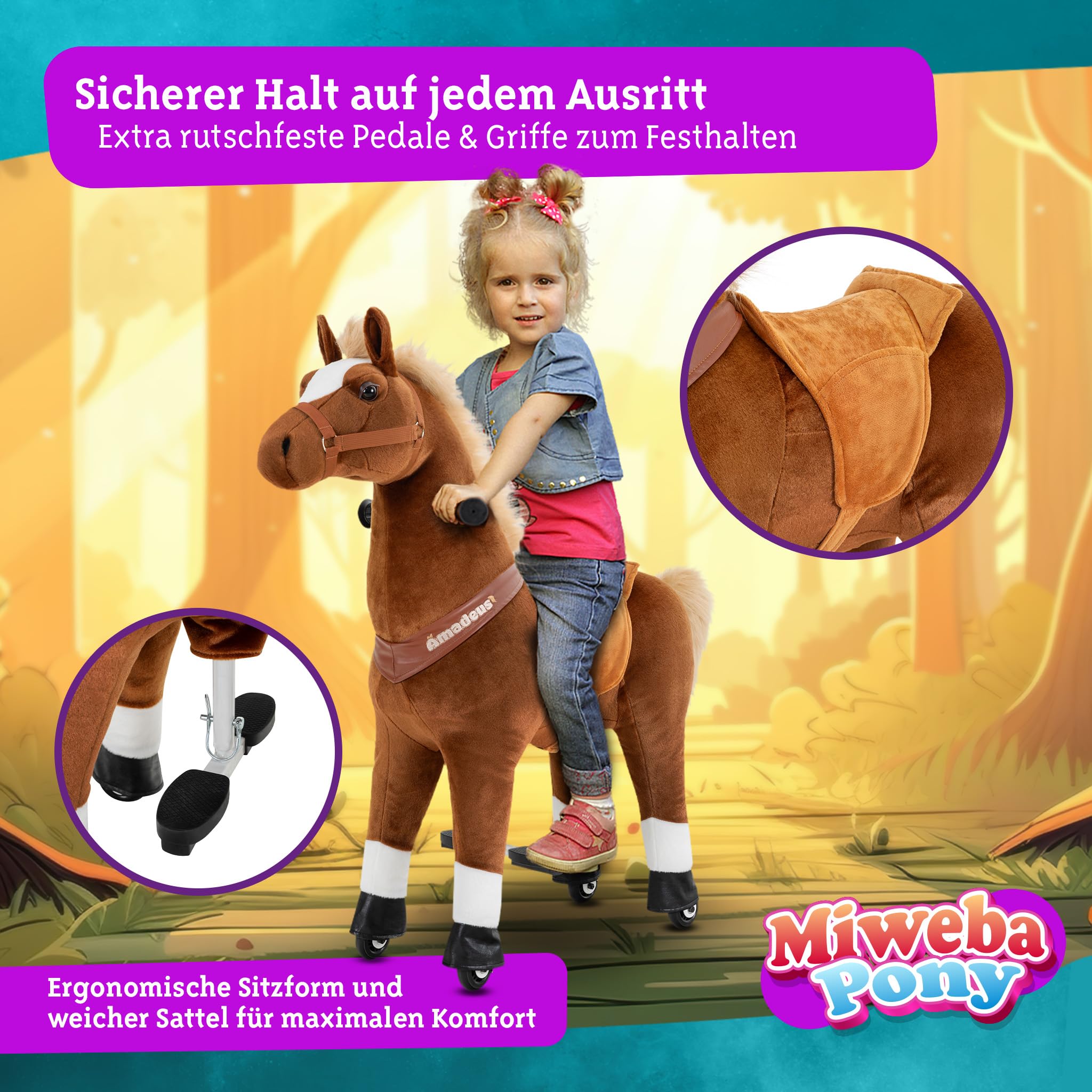 Miweba Pony Amadeus | Reitpferd auf Rollen - Pferd für Kinder - Schaukelpferd - Schaukeltier - Kuscheltier - Spielpferd zum Reiten - Plüschtier - Stofftier - Stehpferd - 4-8 Jahre (Medium)