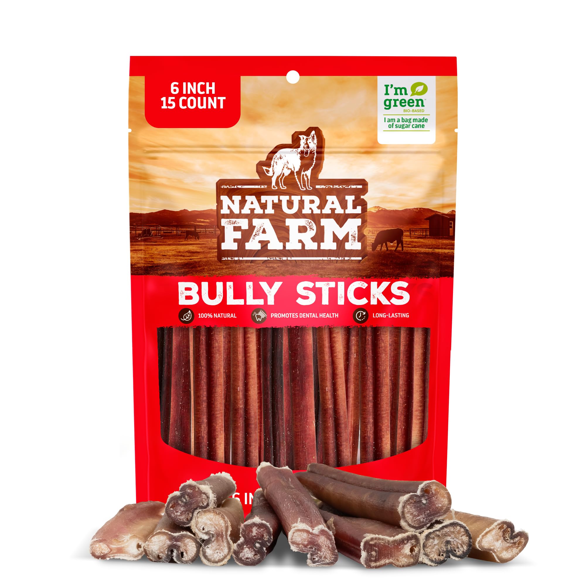Natural Farm Pet Bully Sticks Natürliches Rindfleisch Hund Leckerlis - geruchlos, Getreidefrei - voll verdaulich Kauen für kleine, mittelgroße und große Rassen, 6-Inch Bully Sticks (15 Pack)