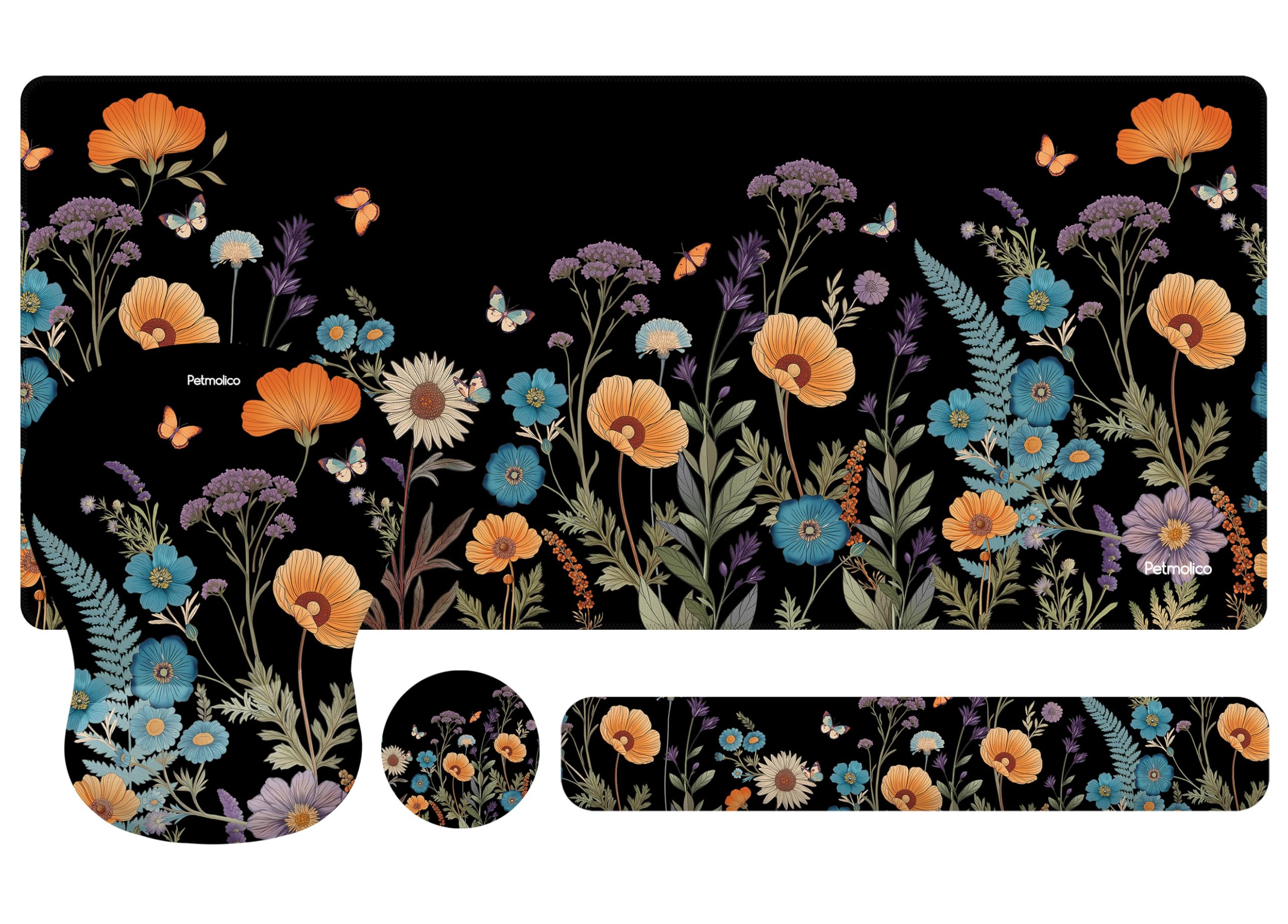 Petmolico Grand repose-poignet pour clavier 4 en 1 - Support de poignet pour ordinateur - Design ergonomique - Motif floral noir, orange et bleu