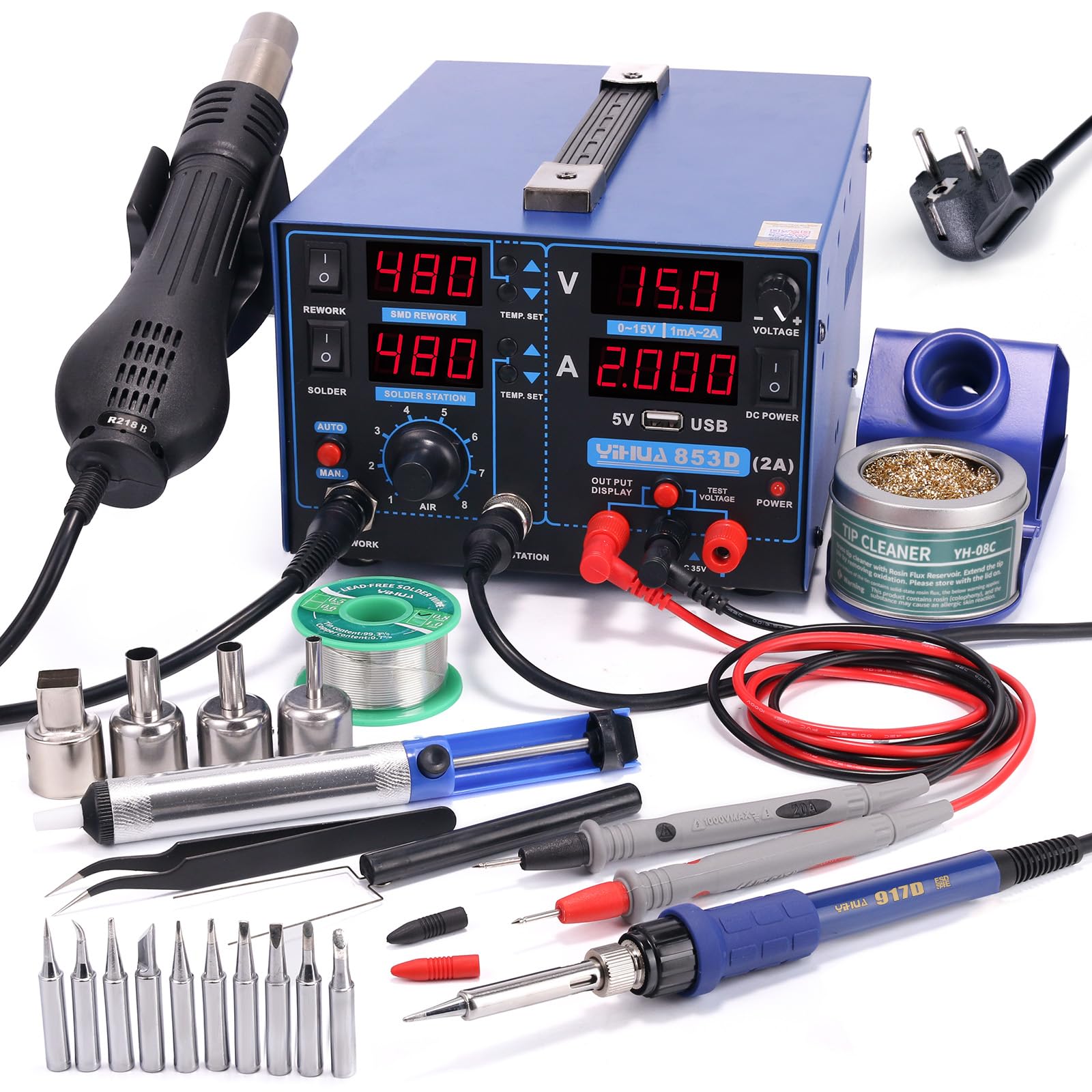 YIHUA 853D 2A USB Stazione di saldatura 3 in 1 con alimentatore 0-15V DC e voltmetro 35V DC per riparazione cellulari
