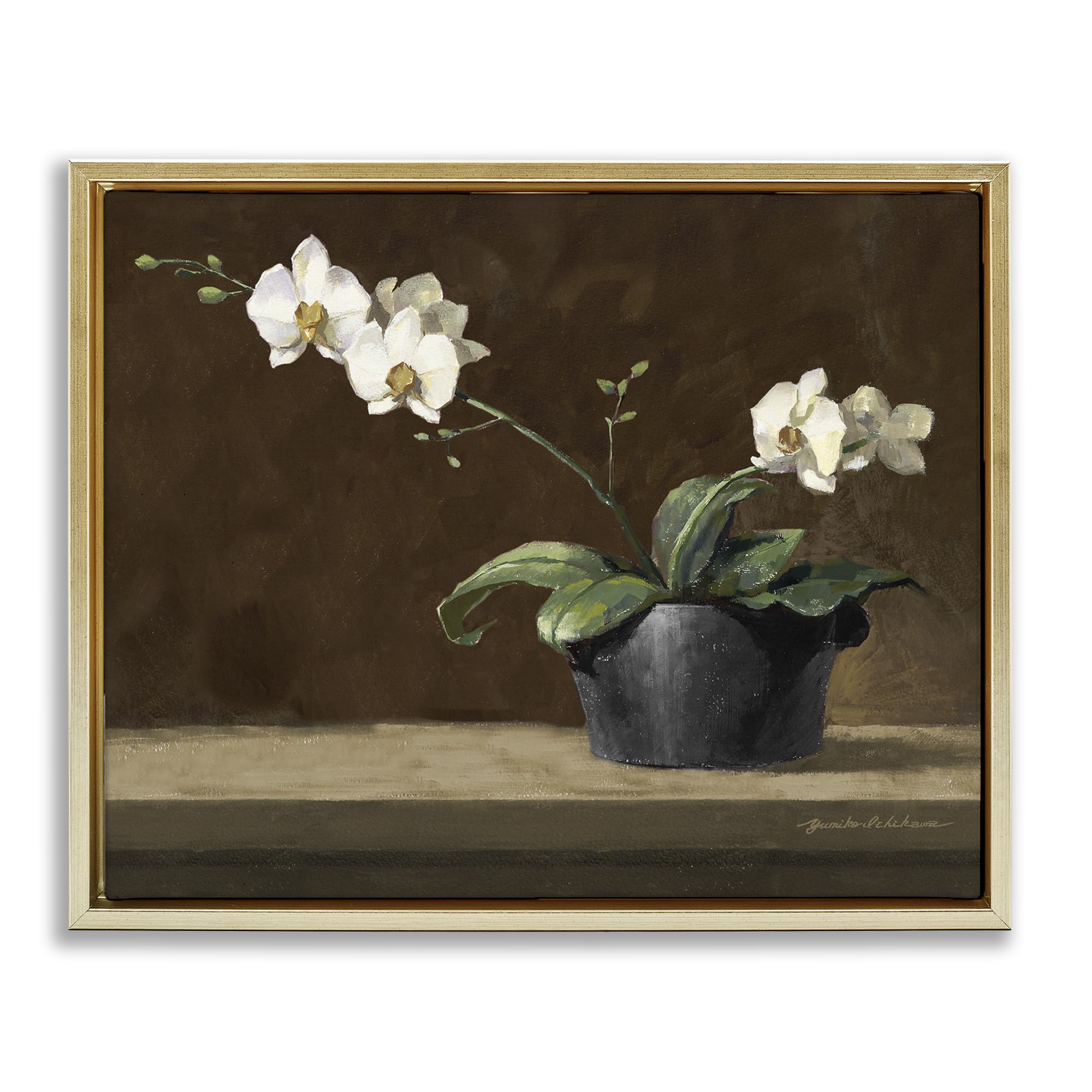 Stupell Industries Metallic Gold (Matte) Potted White Orchid Still Life, 24 X 30 Inch Canvas In Floater Frame