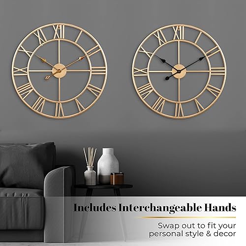 Miniatura 4 de CLXEAST Reloj de pared de metal dorado champán, reloj de pared grande con número romano de 24 pulgadas para decoración de sala de estar, regalos de