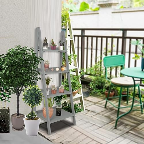 Miniatura 2 de Babion Estante de escalera de 4 niveles, estante de escalera para plantas, color marrón, estante inclinado de madera, soporte independiente para