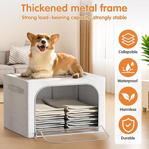Miniatura 3 de Paquete de 3 cubos de almacenamiento de ropa de tamaño grande de 66 L con marco de metal, caja de almacenamiento de lino apilable y plegable con