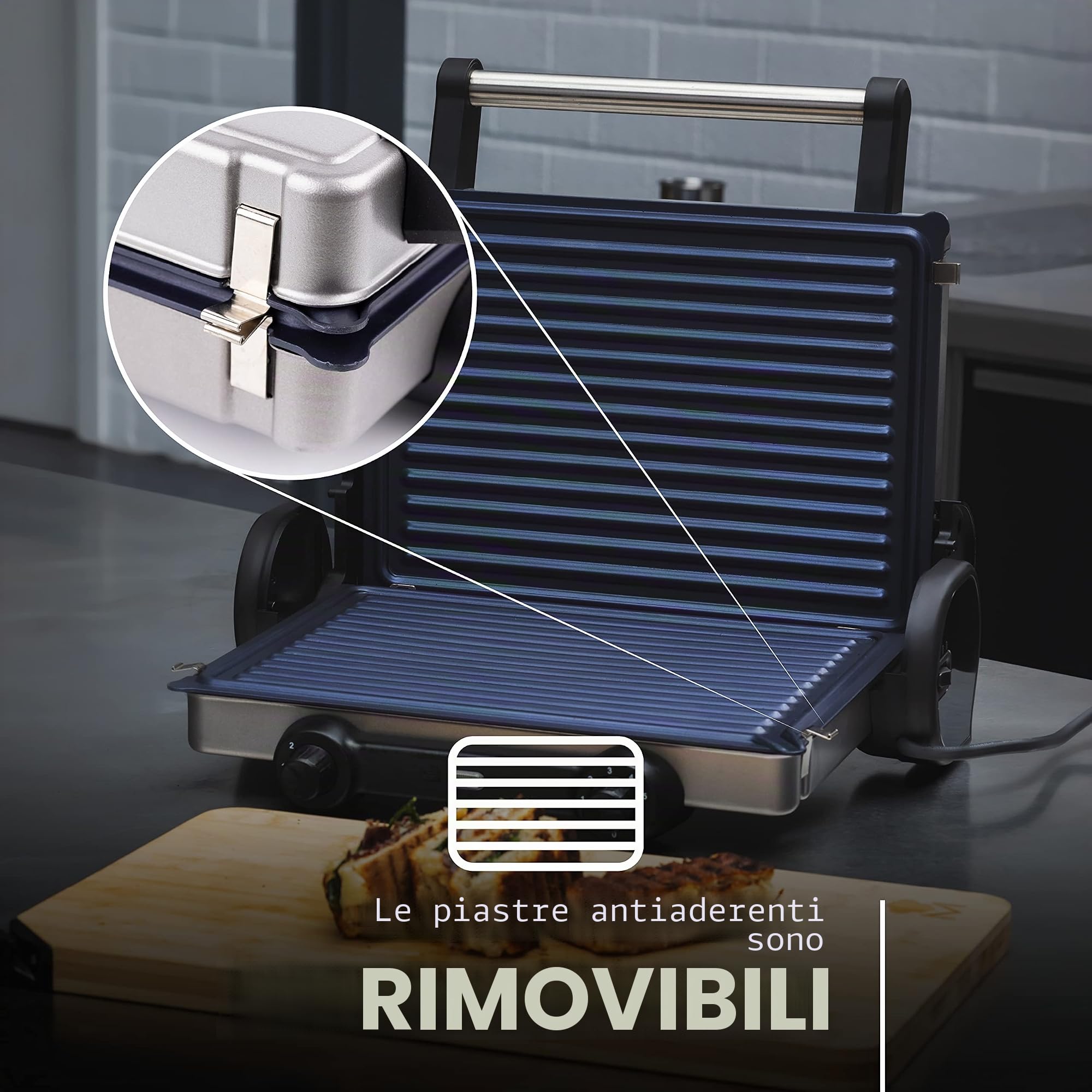 MasterPro Foodies – Griglia a contatto per sandwich, 2 piastre rimovibili, griglia da tavolo pieghevole a 180° e verticale, 2100 W, 33x40x13 cm