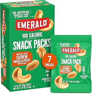Emerald Nuts Roasted and Salted Cashews 7ct (1-Pack), 100-Calorie Individual Packs, Plant-Based Protein, Kosher Certified, Non-GMO, Contains No Artificial Preservatives, Flavors or Synthetic Colors