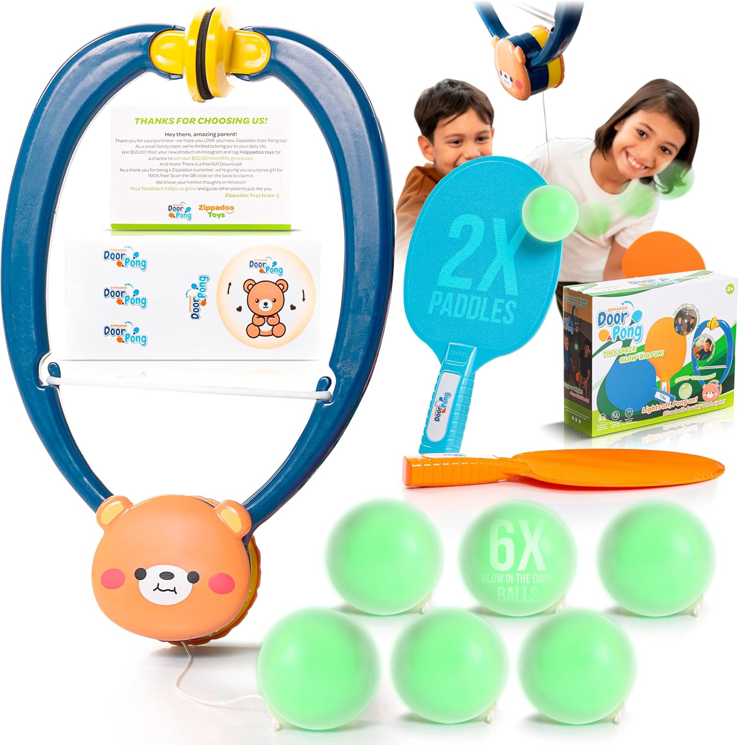 Zippadoo Door Pong: Glow-in-The-Dark Ping Pong Game for Kids - Door Frame Ping Pong Trainer Set with 6 Rechargeable Balls, Indoor & Outdoor Hanging Table Tennis for Ages 3+, Doorway Games Fun