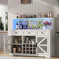 Vista 1 de Armario de bar de vinos de granja con luces LED, gabinete de barra de café de cocina con espejo acrílico, estante para vino y vidrio, estantes