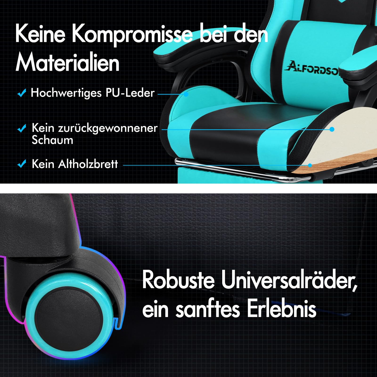 ALFORDSON Gamer-Stuhl Gamer Stühle RGB LED Racing PC-Gaming-Sessel Massage Bürostuhl ergonomisch Schreibtischstuhl Fußstützen, 90-150°Neigungswinkel,180 kg belastbar, Cyan