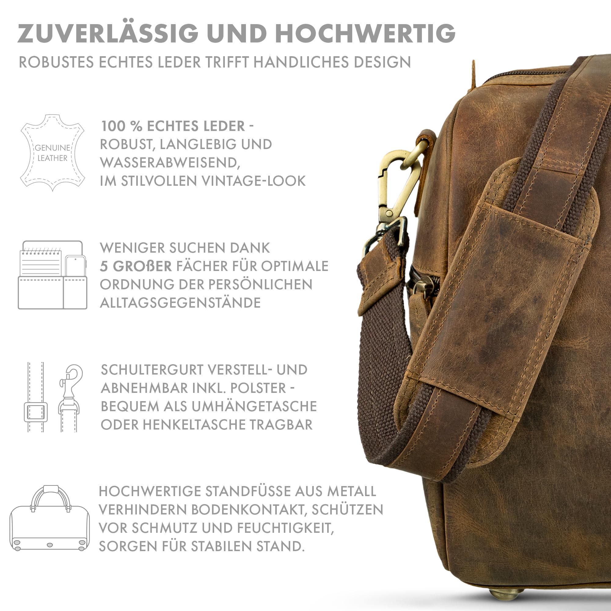 ROYALZ Palermo Echtleder Weekender Herren Leder klein zum Umhängen - Kleine Reisetasche Handgepäck Größe für Kurztrips Business Reisen und Premium Sporttasche;Farbe:Nevada braun
