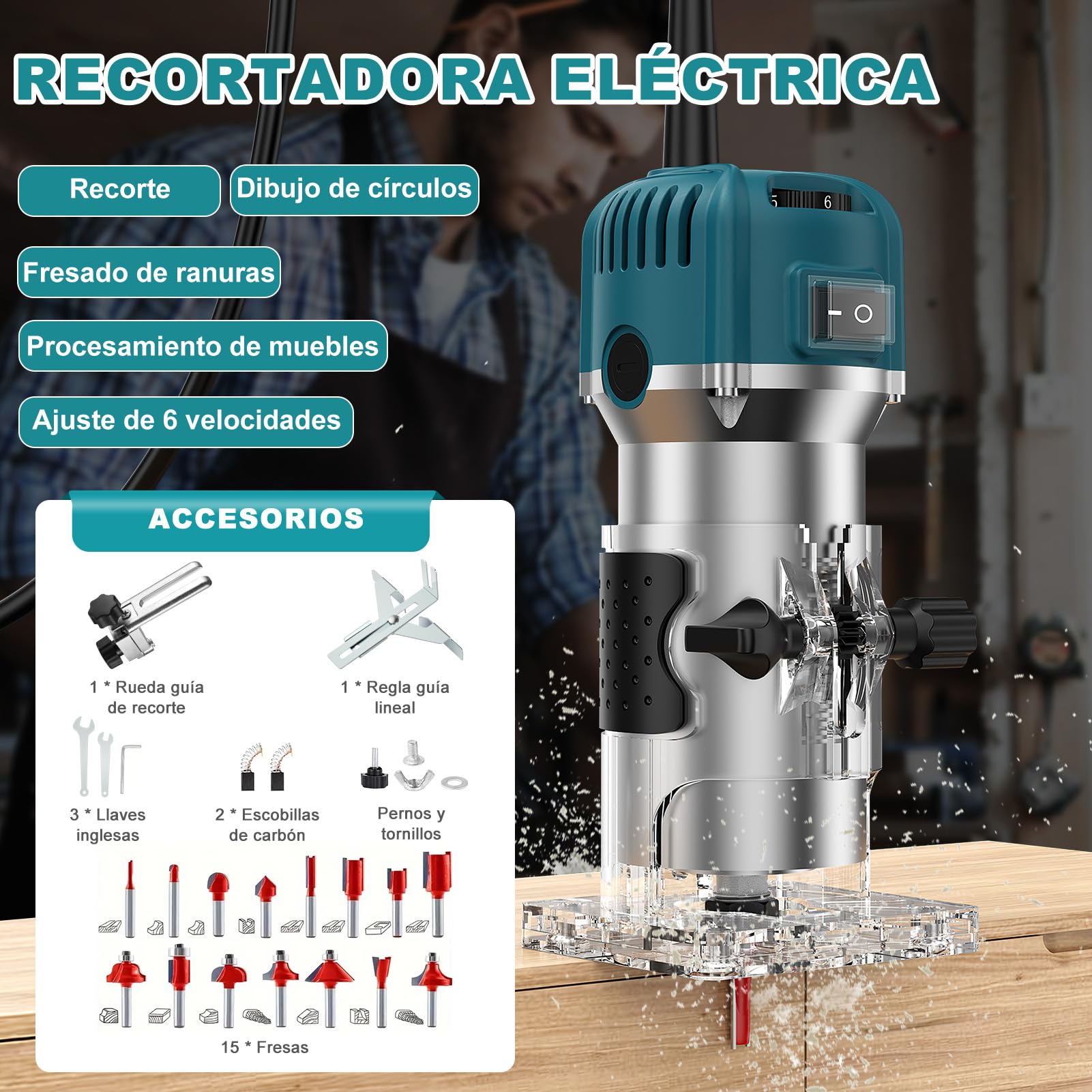Fresadora Para Madera Compacta, 6,35 Mm Fresadora De Cantos De Mano Portátil, 800W 28000Rpm Fresadoras Eléctrica Para Madera Enrutador De Palma Eléctrico Con 15 Fresas