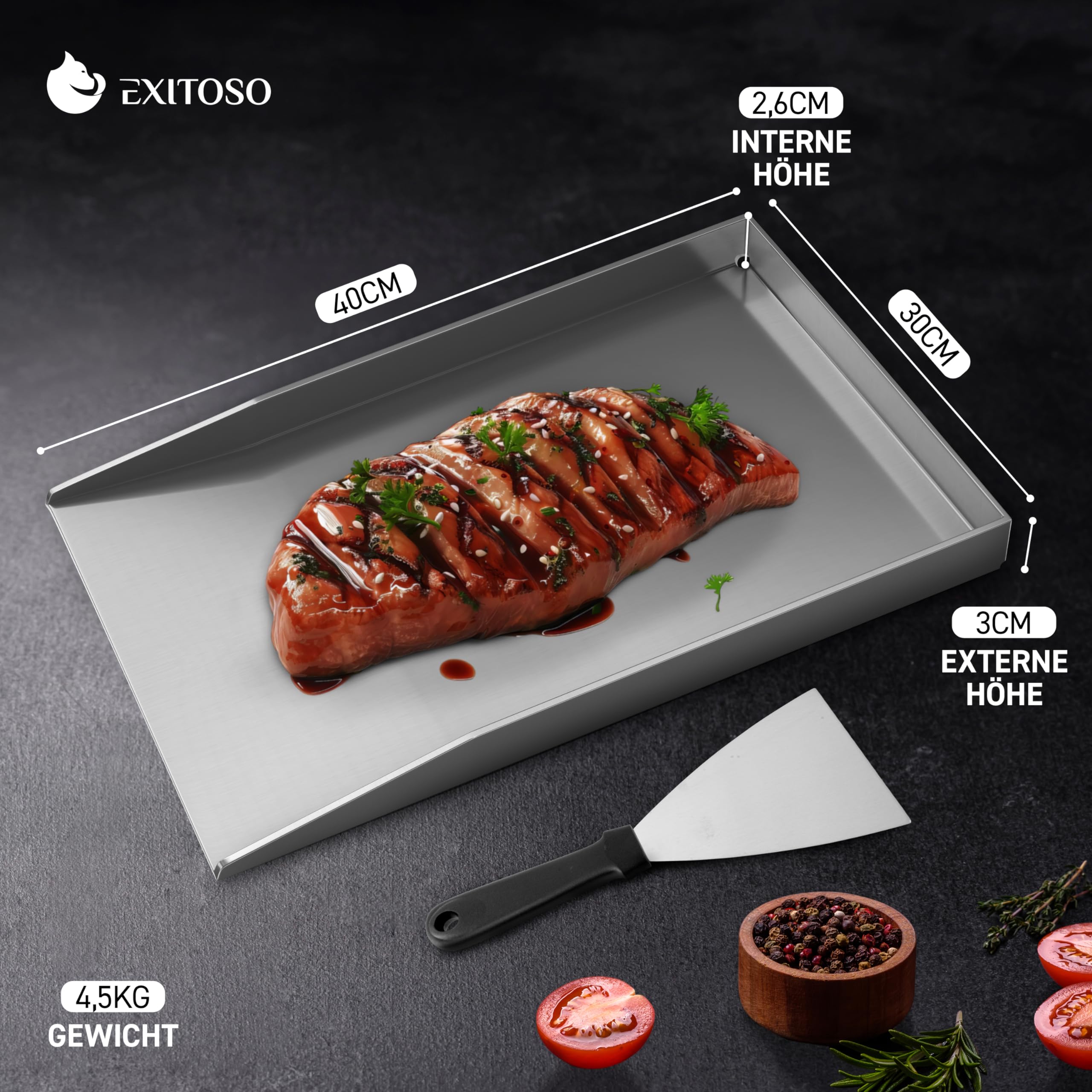 Exitoso Grillplatte 30x40cm | Plancha Mit Grillspachtel | Gasgrill Aus Dickem & Rostfreiem Edelstahl | 4mm Dicke | Universalgröße, Silber