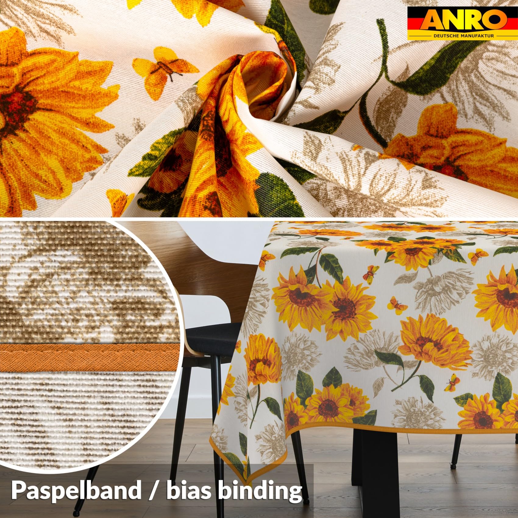 Mantel lavable, fácil de limpiar, de algodón, poliéster, antimanchas, para jardín, diseño de girasoles, 260 x 140 cm, para interior y exterior