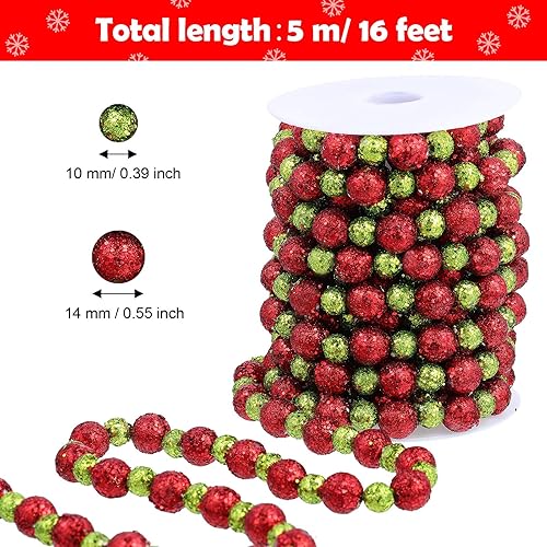 Miniatura 2 de WILLBOND Guirnalda de cuentas de árbol de Navidad de 16 pies, árbol de Navidad con purpurina verde y roja, cuentas de plástico para Navidad,