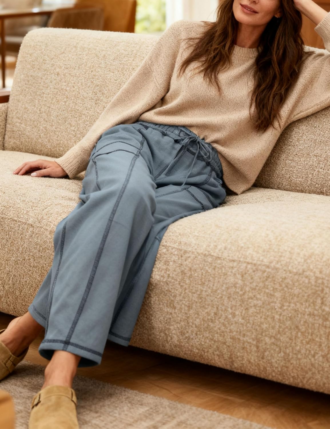 Athlisan Womens Fleece Lined Baggy Barrel Pants Casual Elastic Waisted Wide Leg Sweatpants with Pockets - Image 7