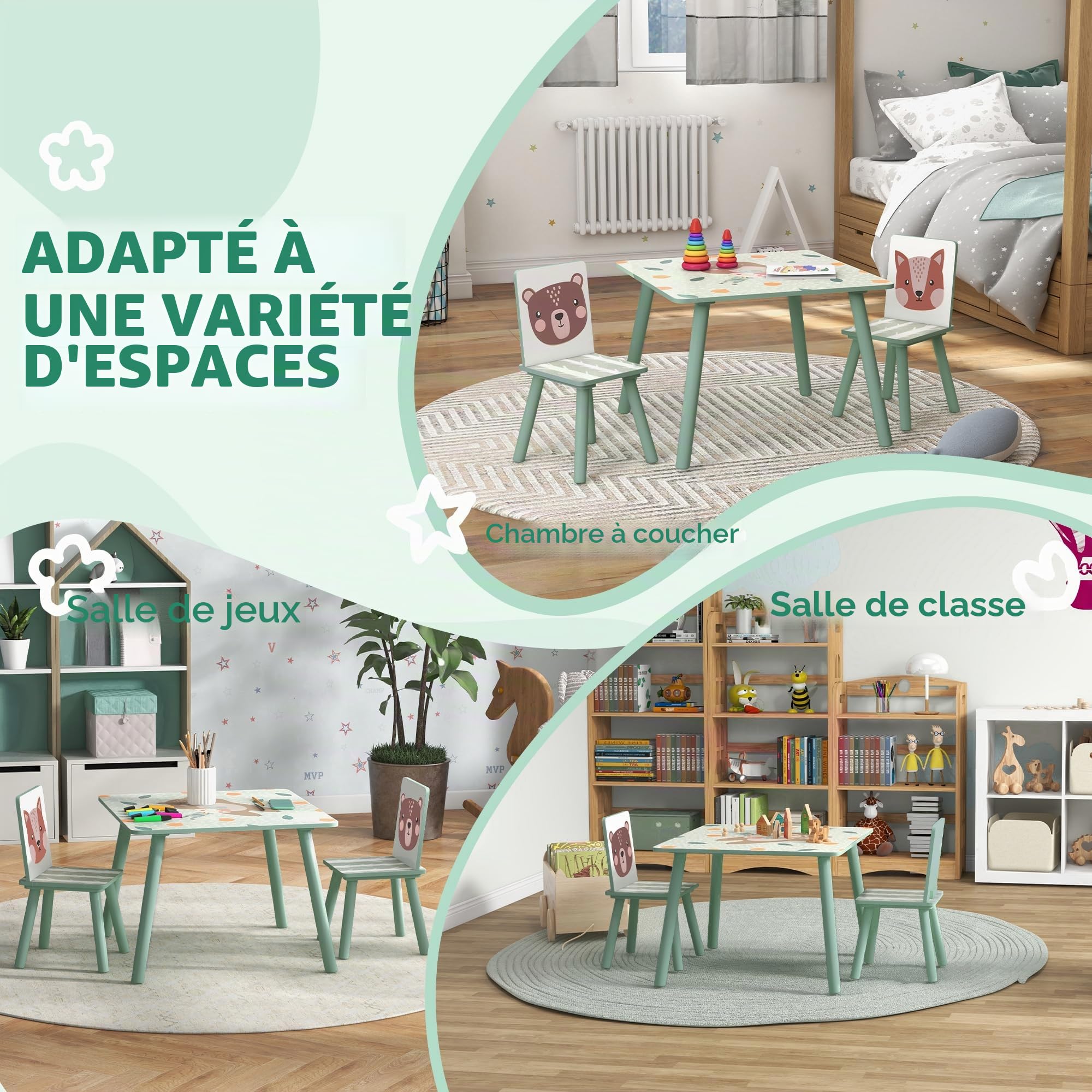 ZONEKIZ Table Enfant 2 chaises 3 pièces Motif Animal 3-8 Ans Vert