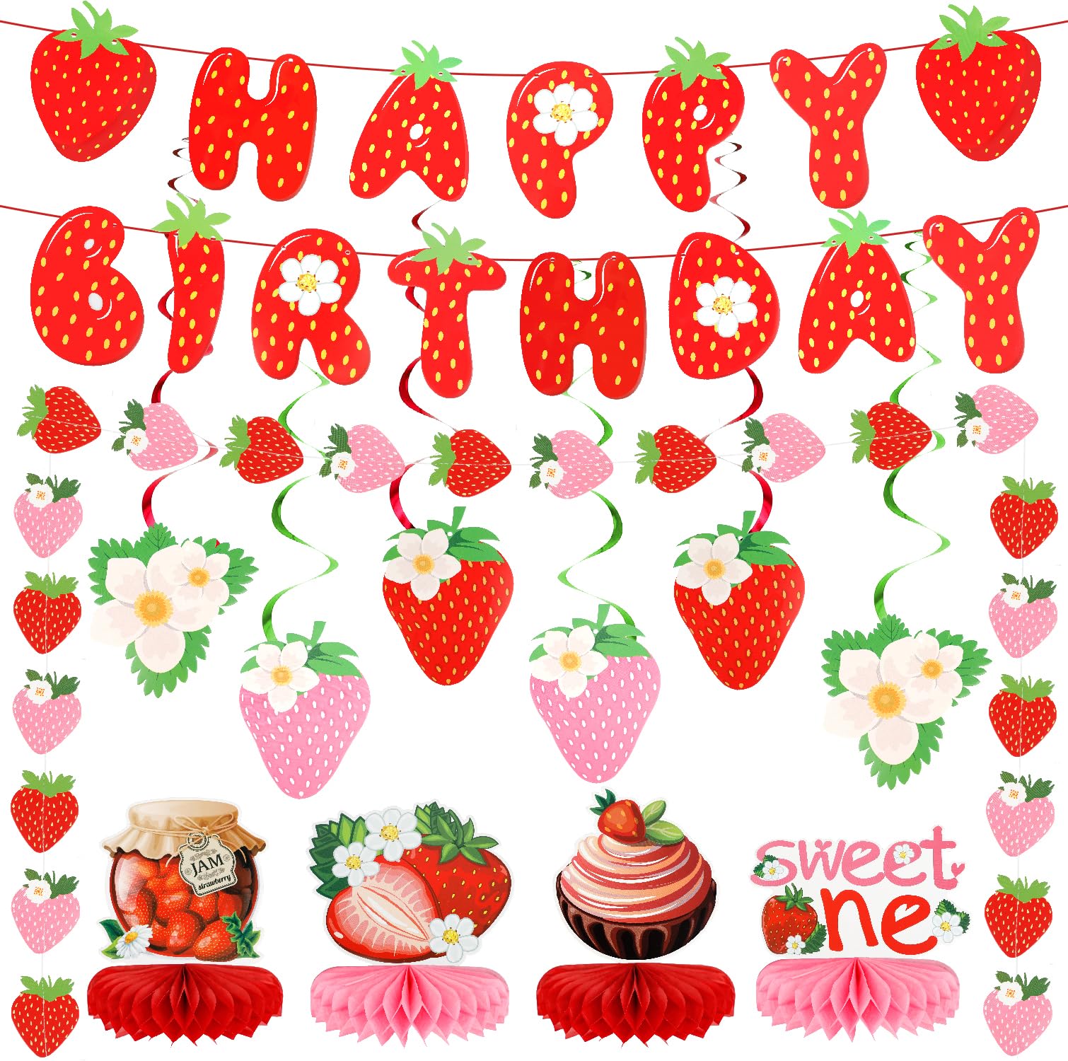 Decorazioni per feste di compleanno a forma di fragola, striscione di compleanno a tema fragole, vortici da appendere, decorazione a nido d'ape per decorazione per feste di Berry Sweet Girl
