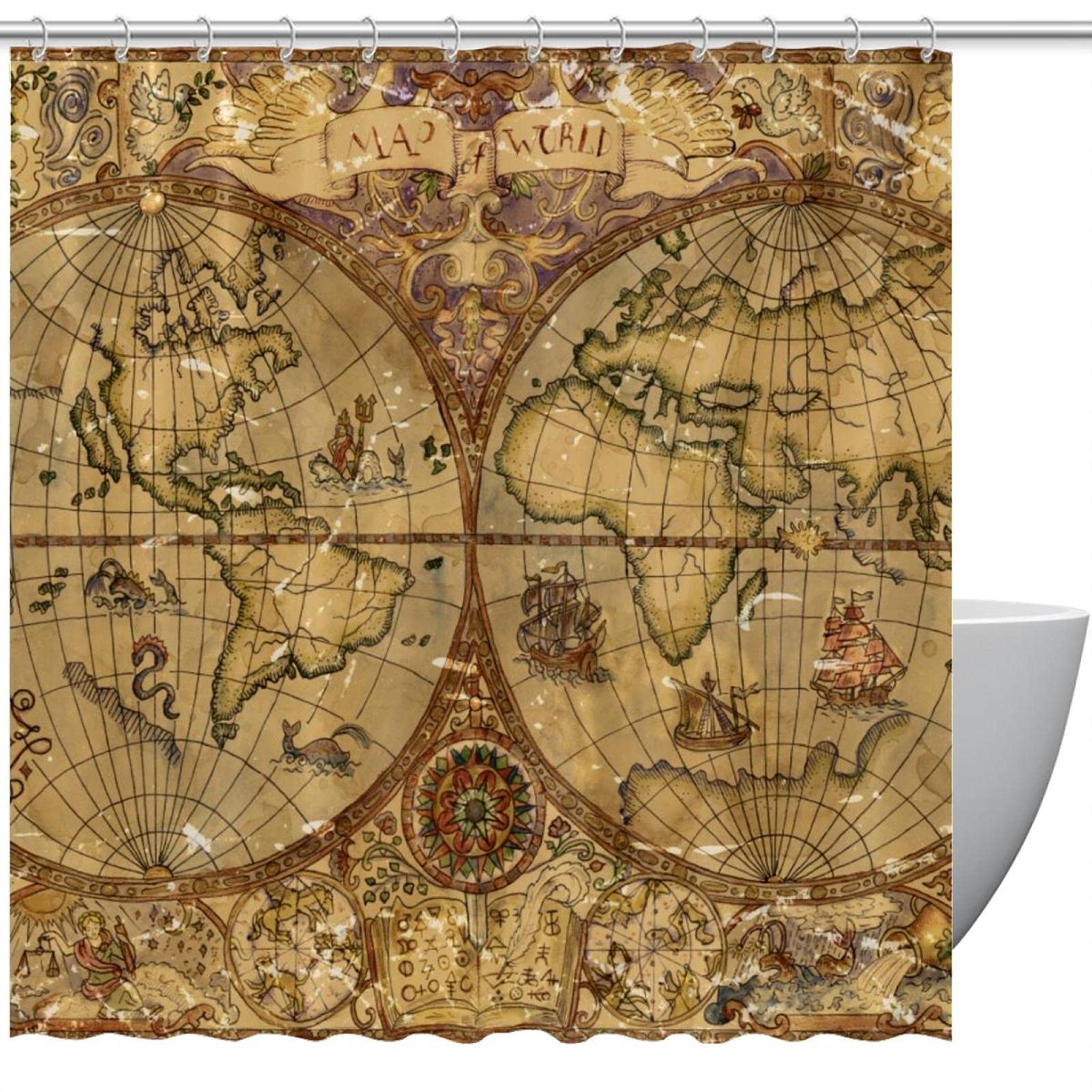 Rideau de douche carte du monde avec crochets pour salle de bain