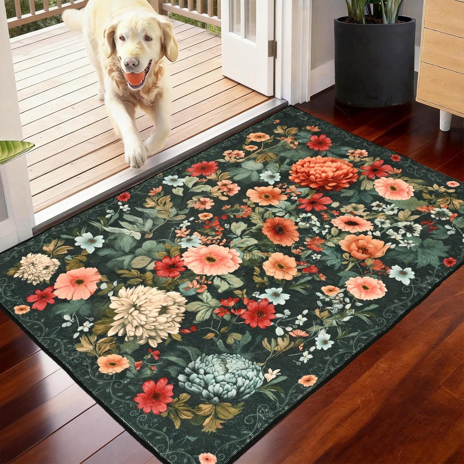 2x3 Vintage Floral Rug for Entryway, Washable Non Slip Low Pile Door Mat, Soft Small Accent for Kitchen, Bedroom, Bathroom