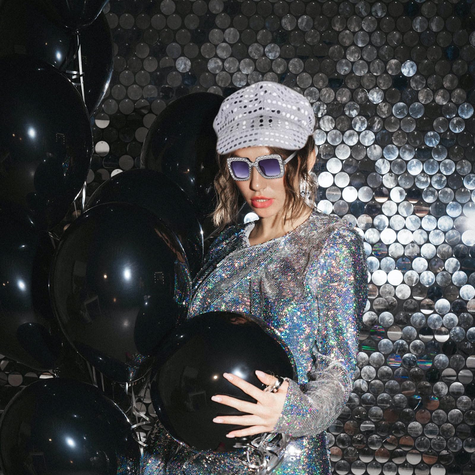 EUPSIIU 3 Pieces 70s Silver Disco Hat for Adults Disco Costume with Glitter Abba Sequin Hat Earrings Square Bling Sunglasses Retro Fancy Dress Up for WomenTheme Party (Silver) - Image 4