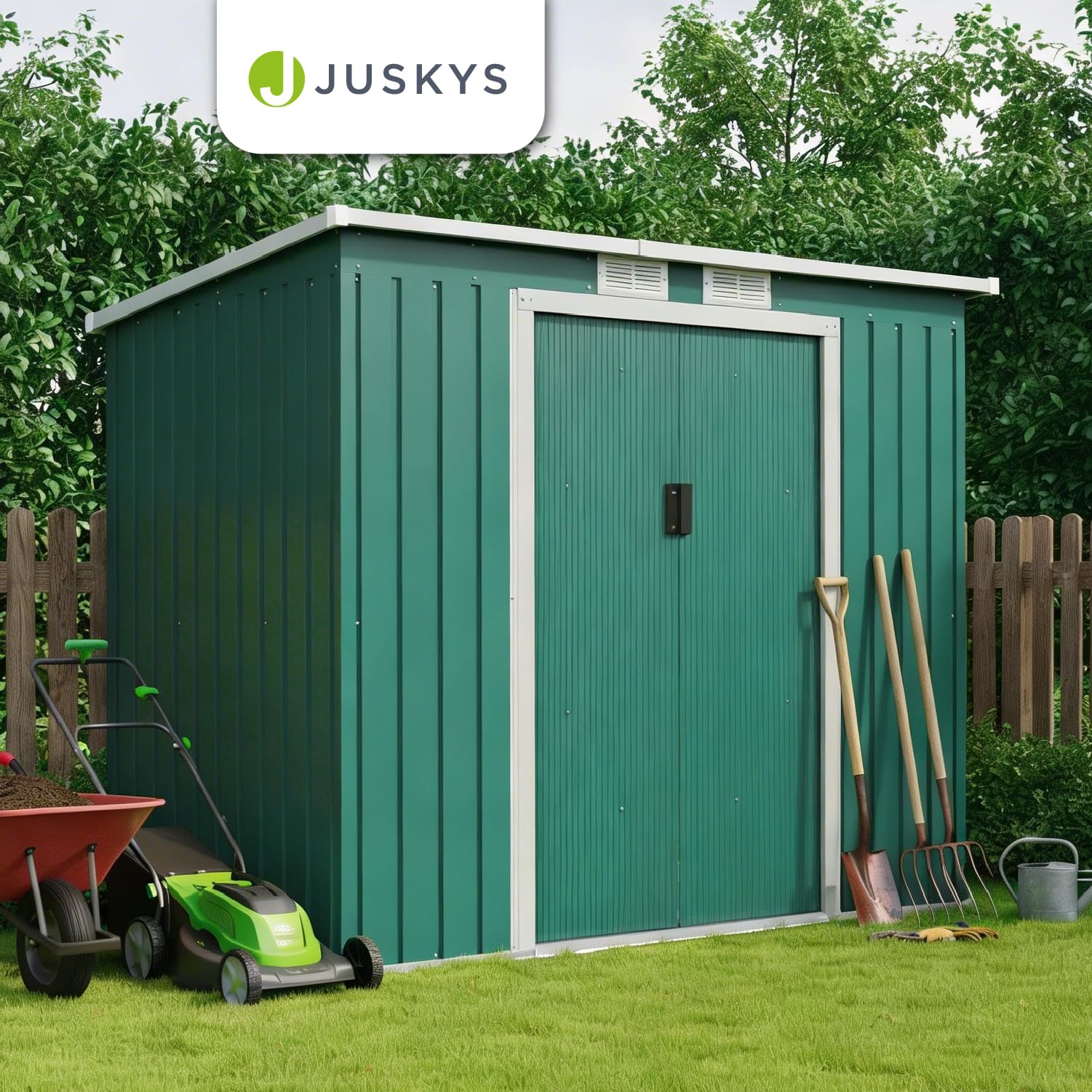Juskys Metall Gerätehaus M 4 m³ mit Fundament, 213 x 130 x 173 cm, Geräteschuppen mit Pultdach & Schiebetür, Stahl Gartenhaus Garten Schuppen, grün