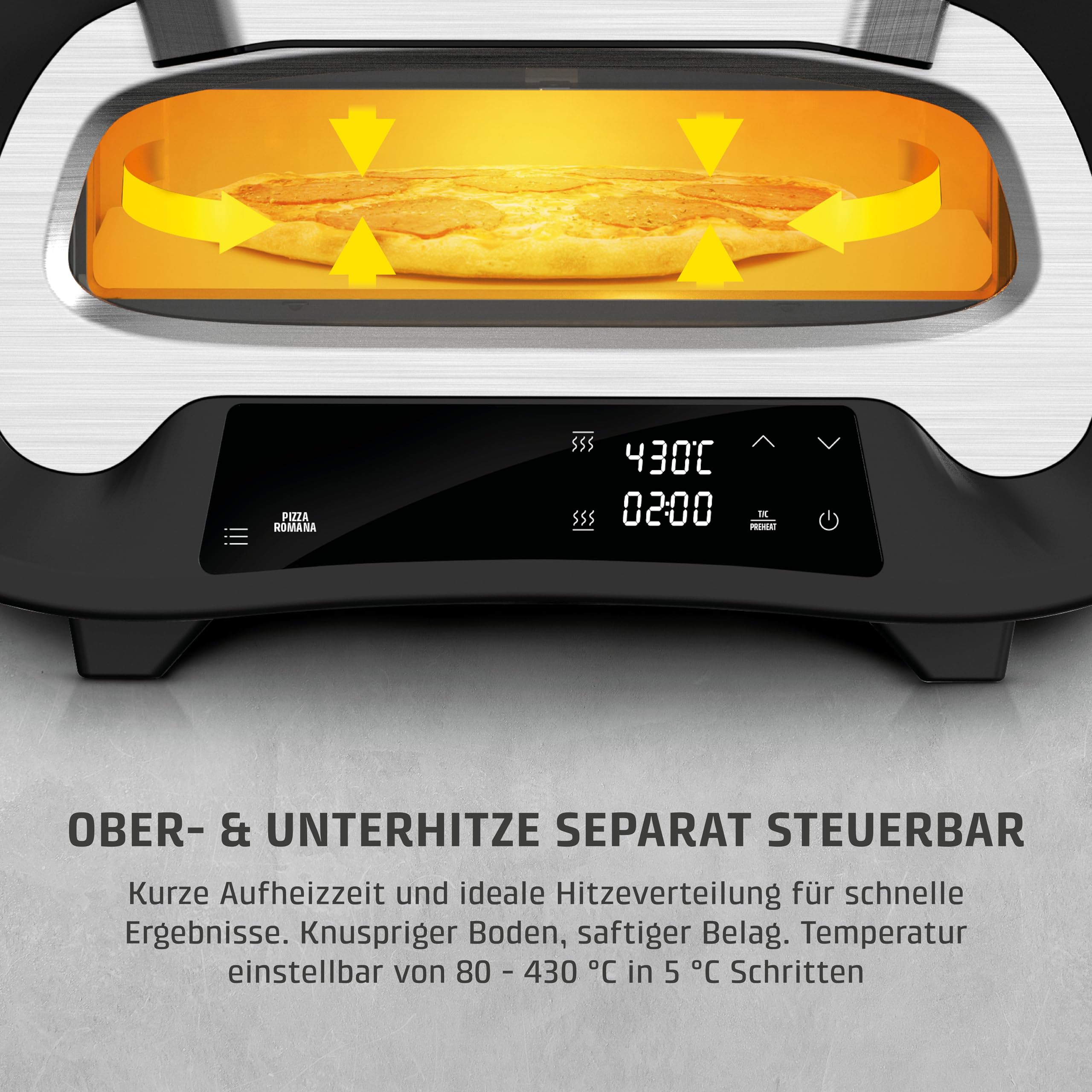 CASO PizzaChef 430° - elektrischer Pizzaofen, 80-430°C, mit Pizzastein | 8 Automatikprogramme, Cordierit Pizzastein (33x33cm), einstellbare Heizelemente, Innenraumbeleuchtung, Timer, Edelstahl